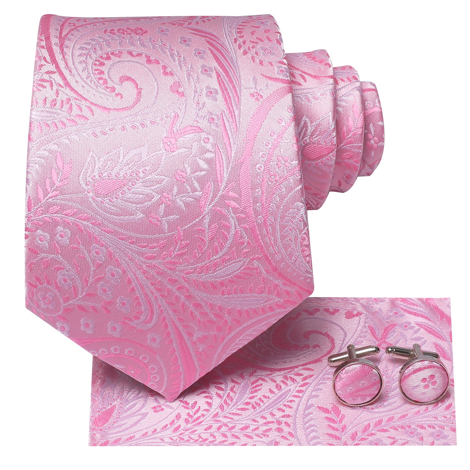 Baby Pink Paisley 67 Inches Extra Long Tie Handkerchief Cufflinks Set