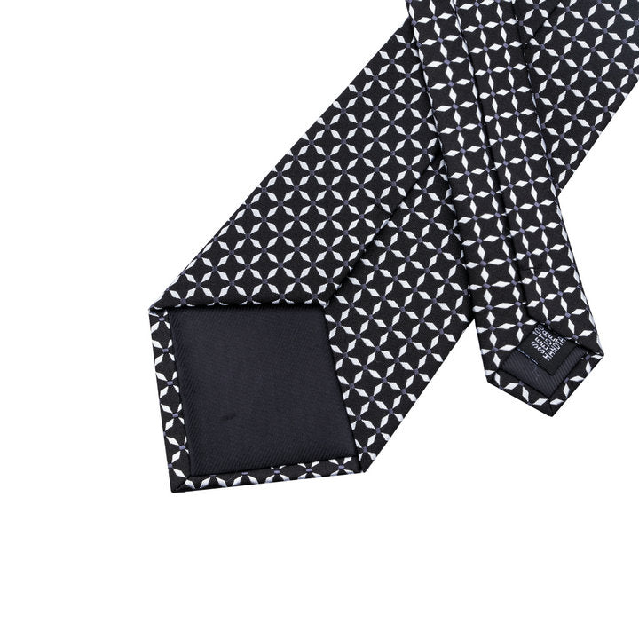 Black White Plaid Silk Men's Tie Pocket Square Cufflinks Set