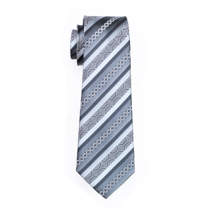 Silver Grey Novelty Striped Silk Men's Tie Hanky Cufflinks Set