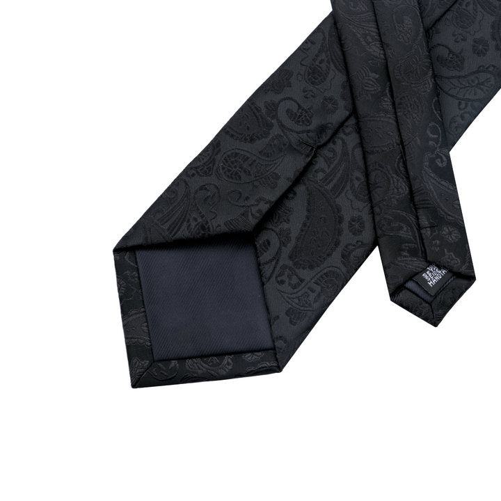 Dark Black Paisley Silk Men's Tie Pocket Square Cufflinks Set