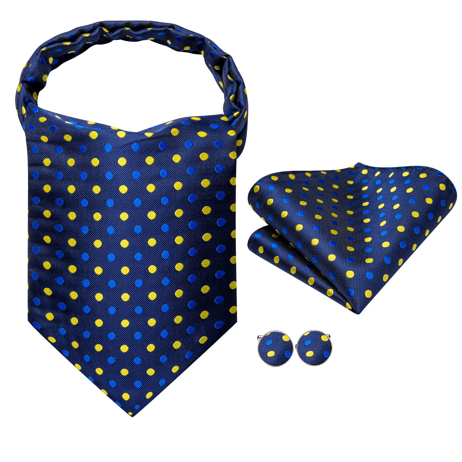 Navy Blue Yellow Polka Dot Ascot Pocket Square Cufflinks Set