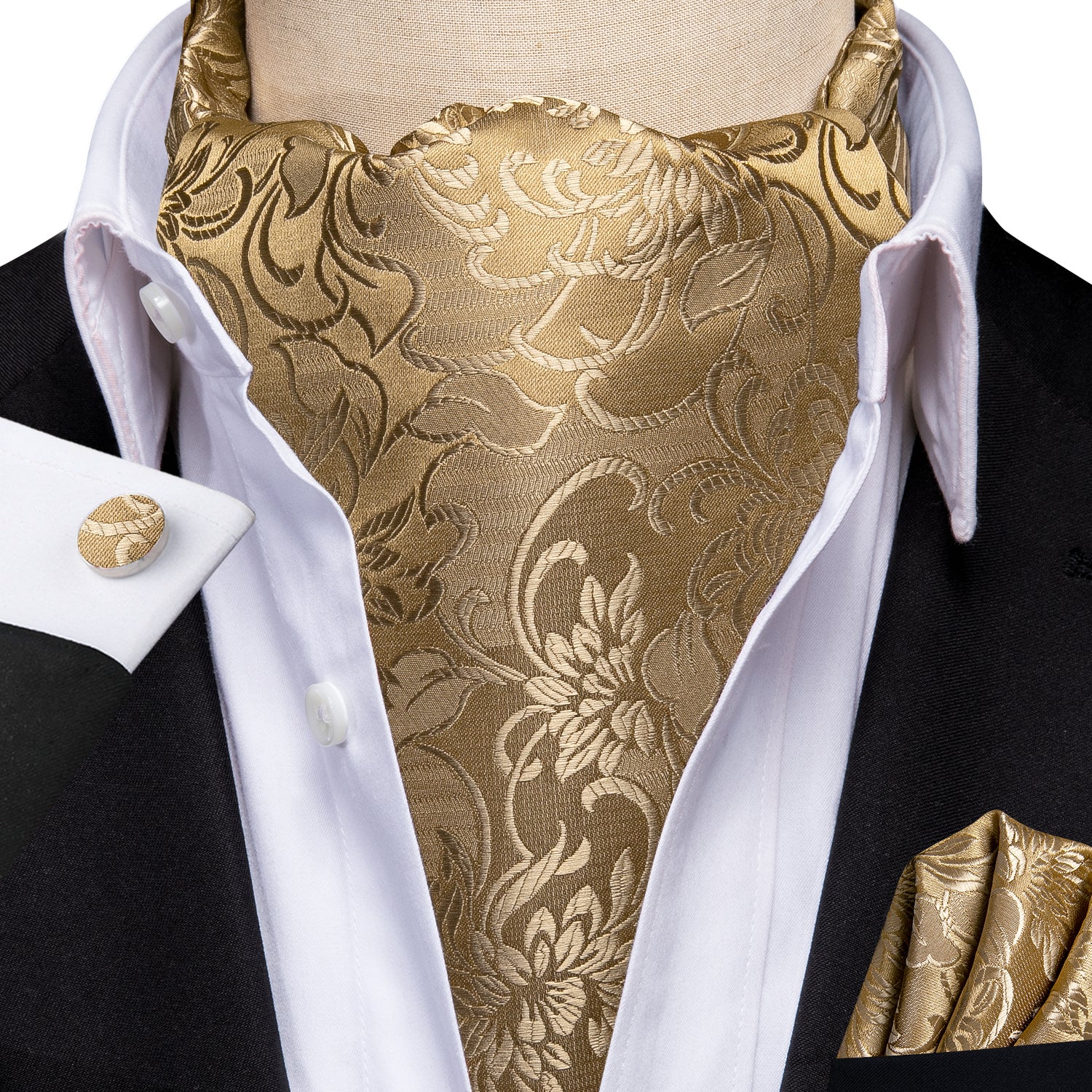 Light Gold Floral Ascot Pocket Square Cufflinks Set