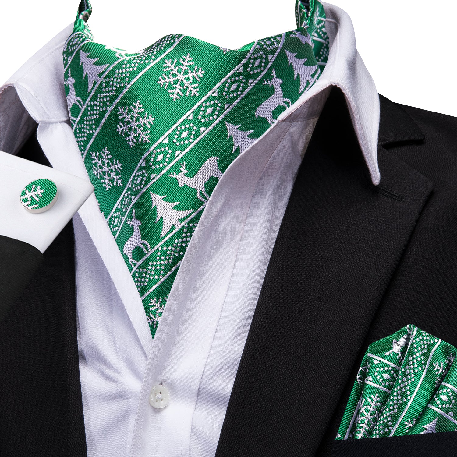 Green Christmas Novelty Ascot Pocket Square Cufflinks Set