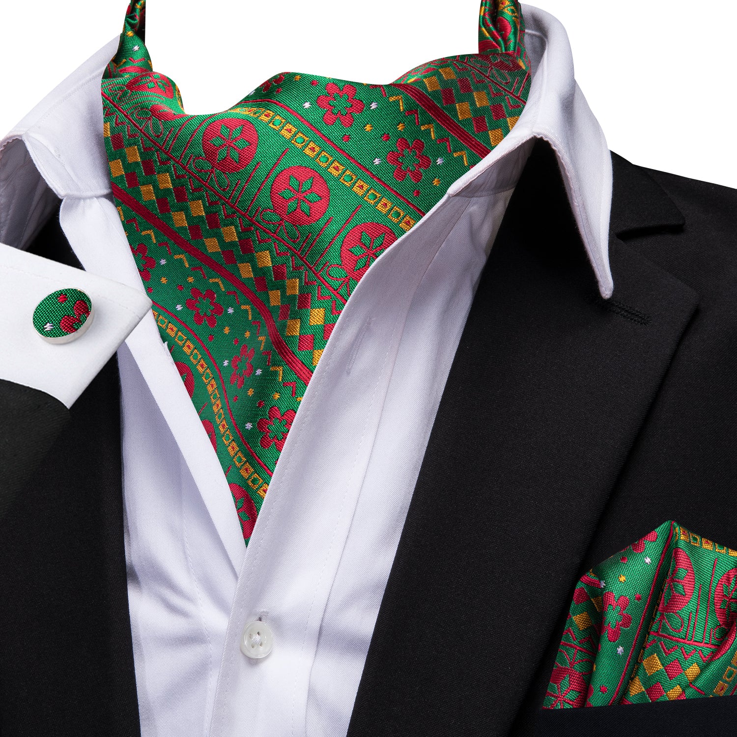 Green Red Yellow Christmas Novelty Ascot Pocket Square Cufflinks Set