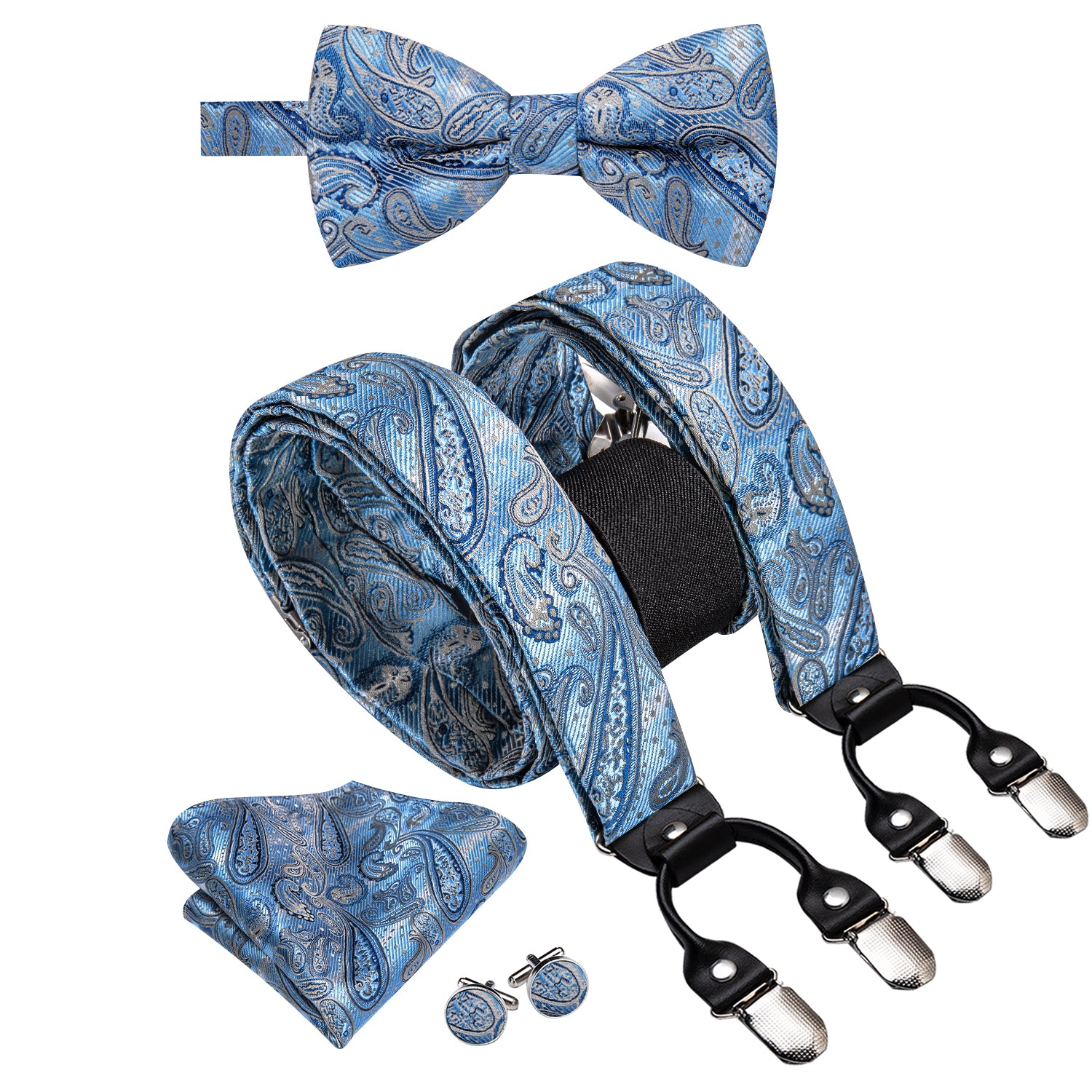 Sky Blue Paisley Suspender Bowtie Hanky Cufflinks Set