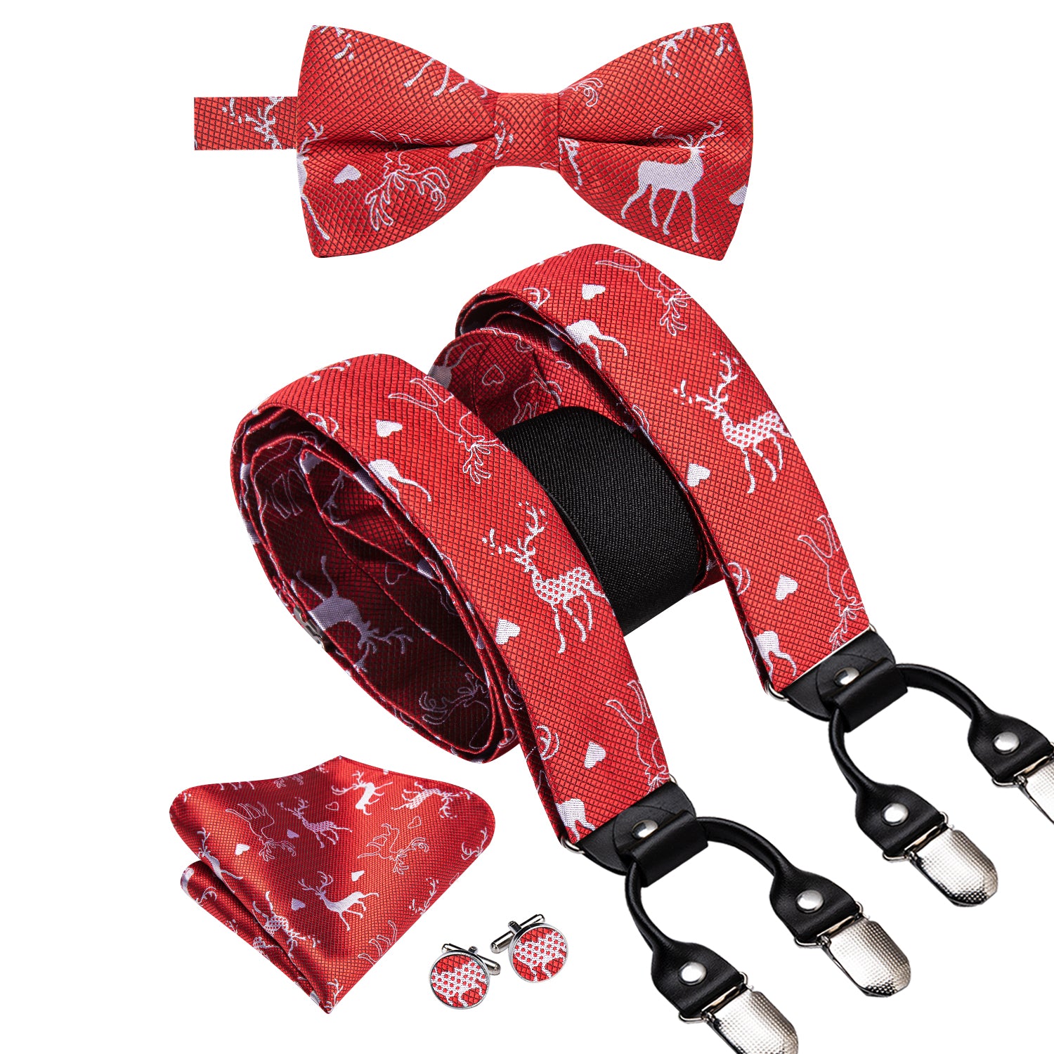 Red Chritsmas Deer Suspender Bowtie Hanky Cufflinks Set