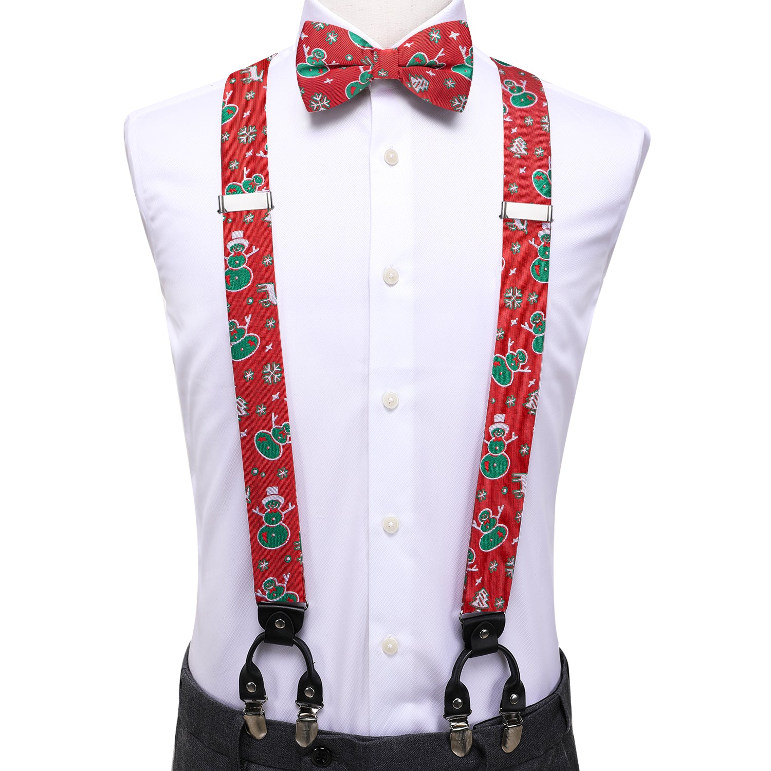 Red Green Christmas Snowman Suspender Bowtie Hanky Cufflinks Set
