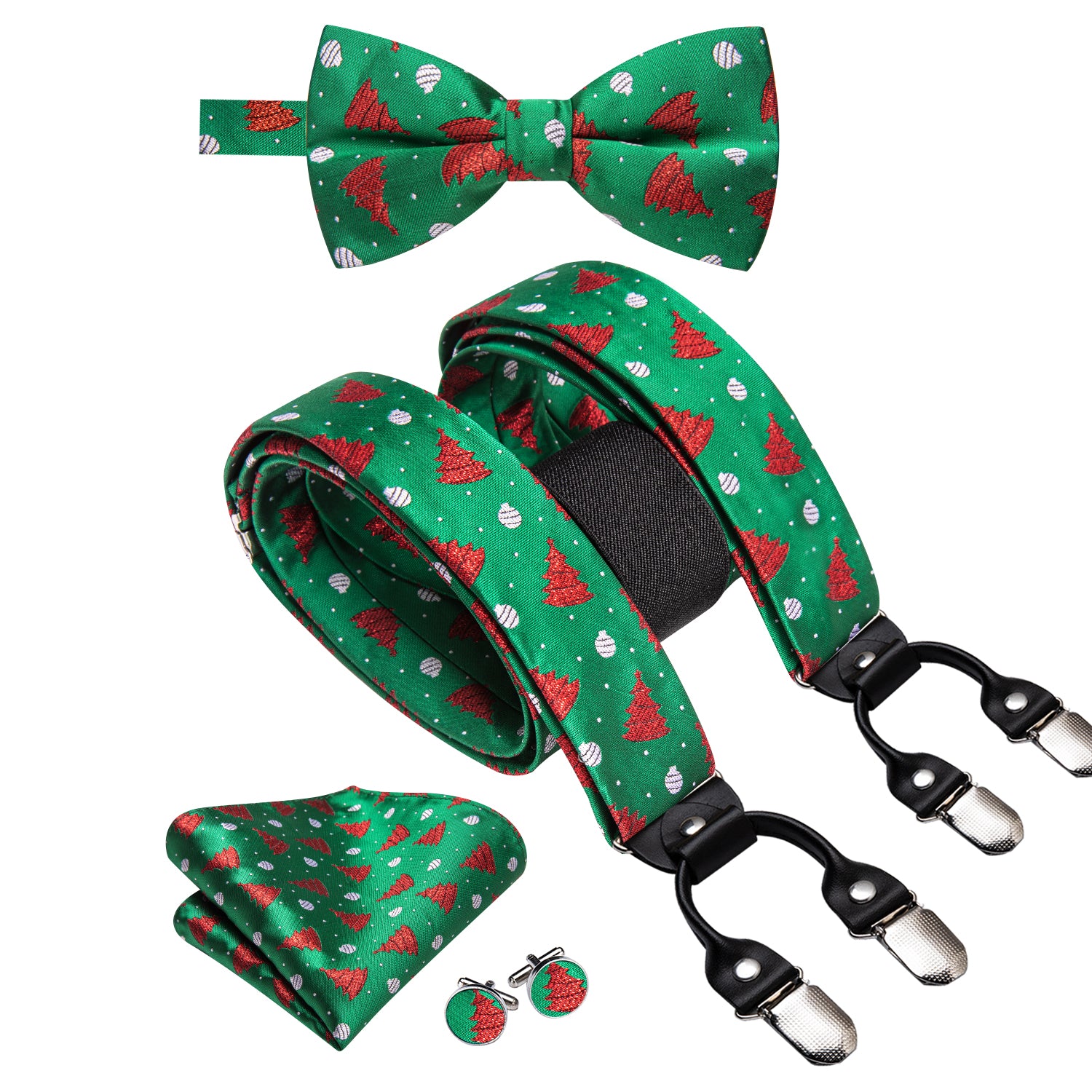 Green Red Christmas Tree Suspender Bowtie Hanky Cufflinks Set