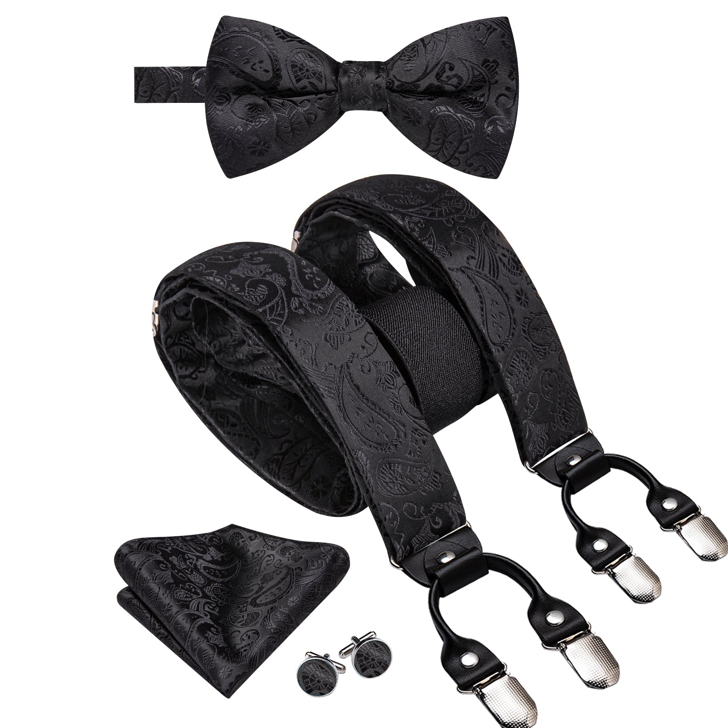 Black Paisley Suspender Bowtie Hanky Cufflinks Set for Men