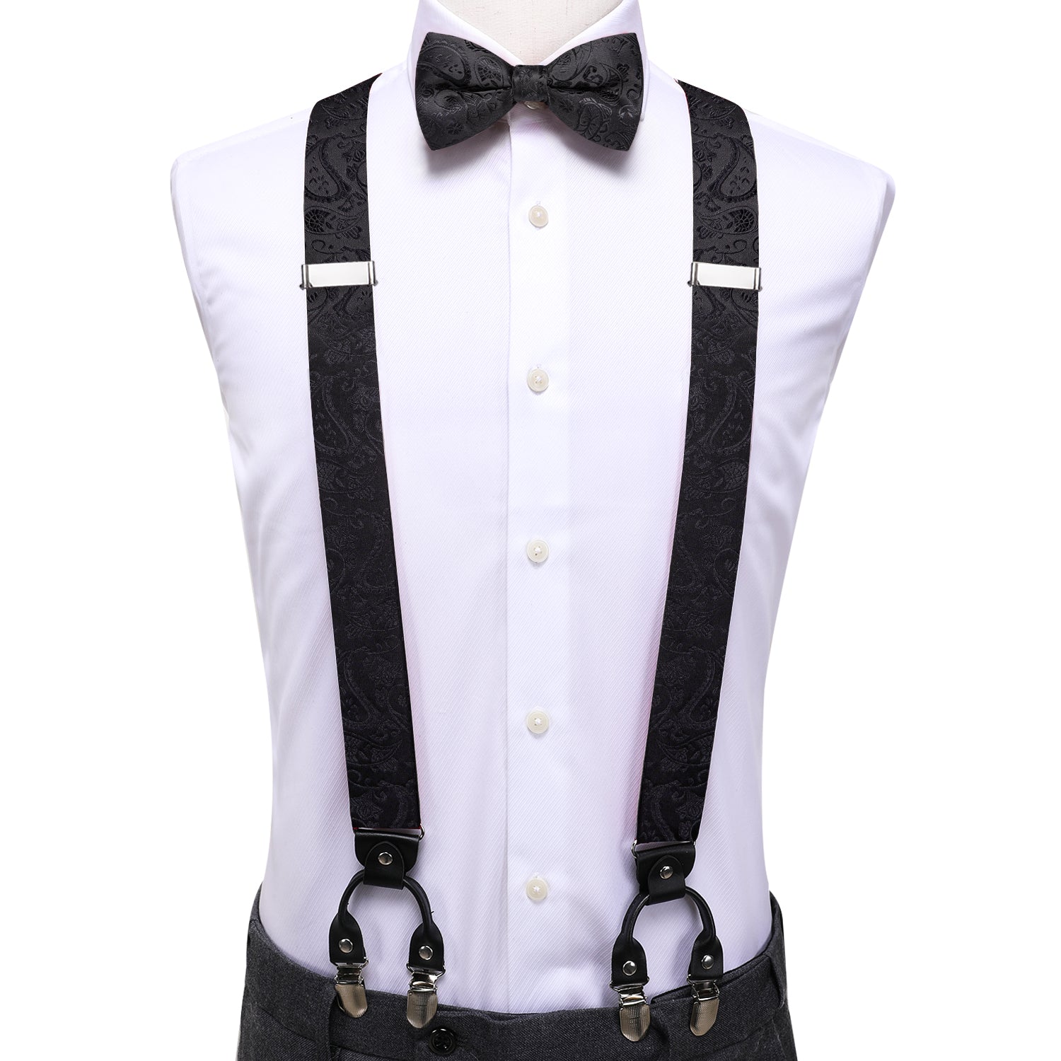 Black Paisley Suspender Bowtie Hanky Cufflinks Set
