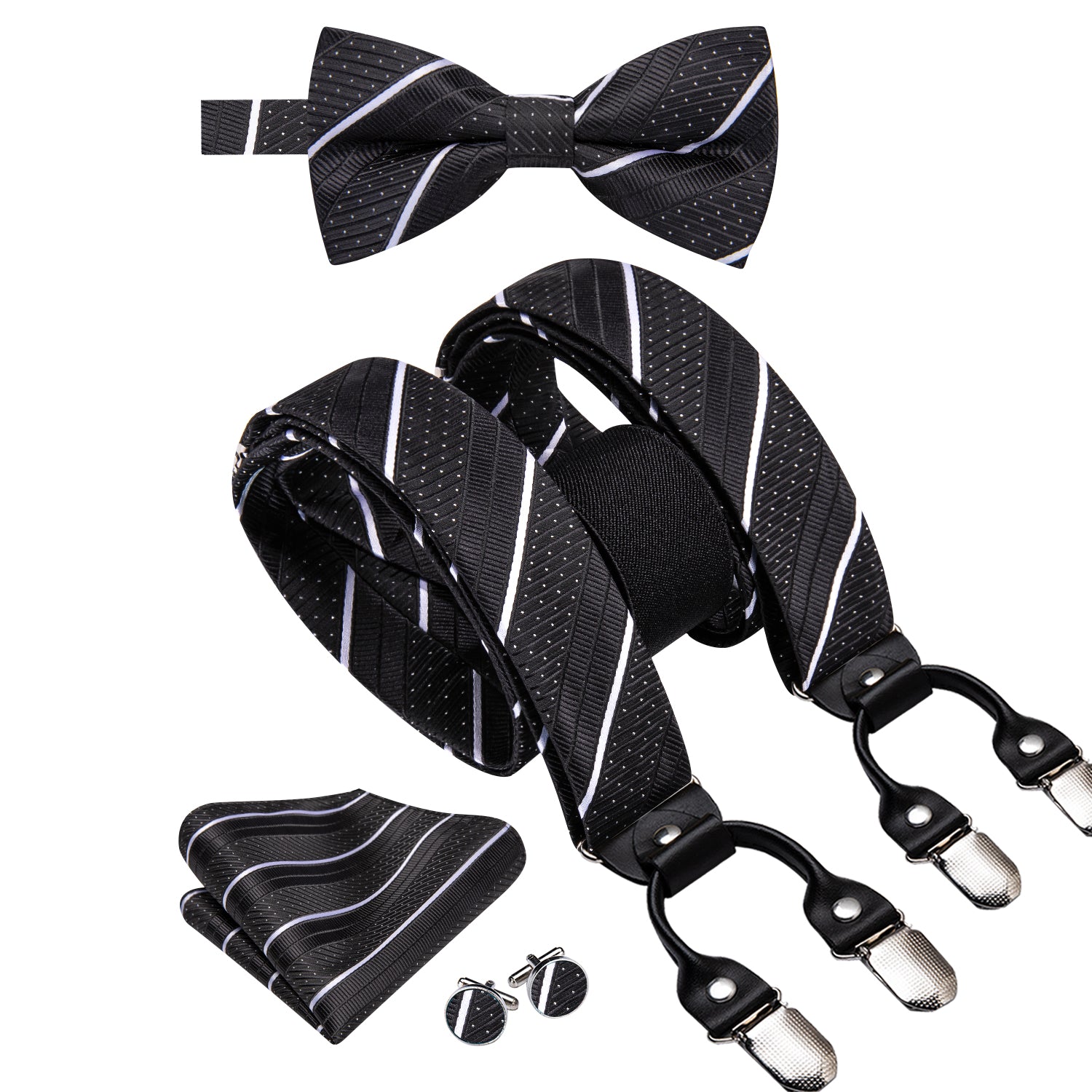 Black White Striped Suspender Bowtie Hanky Cufflinks Set