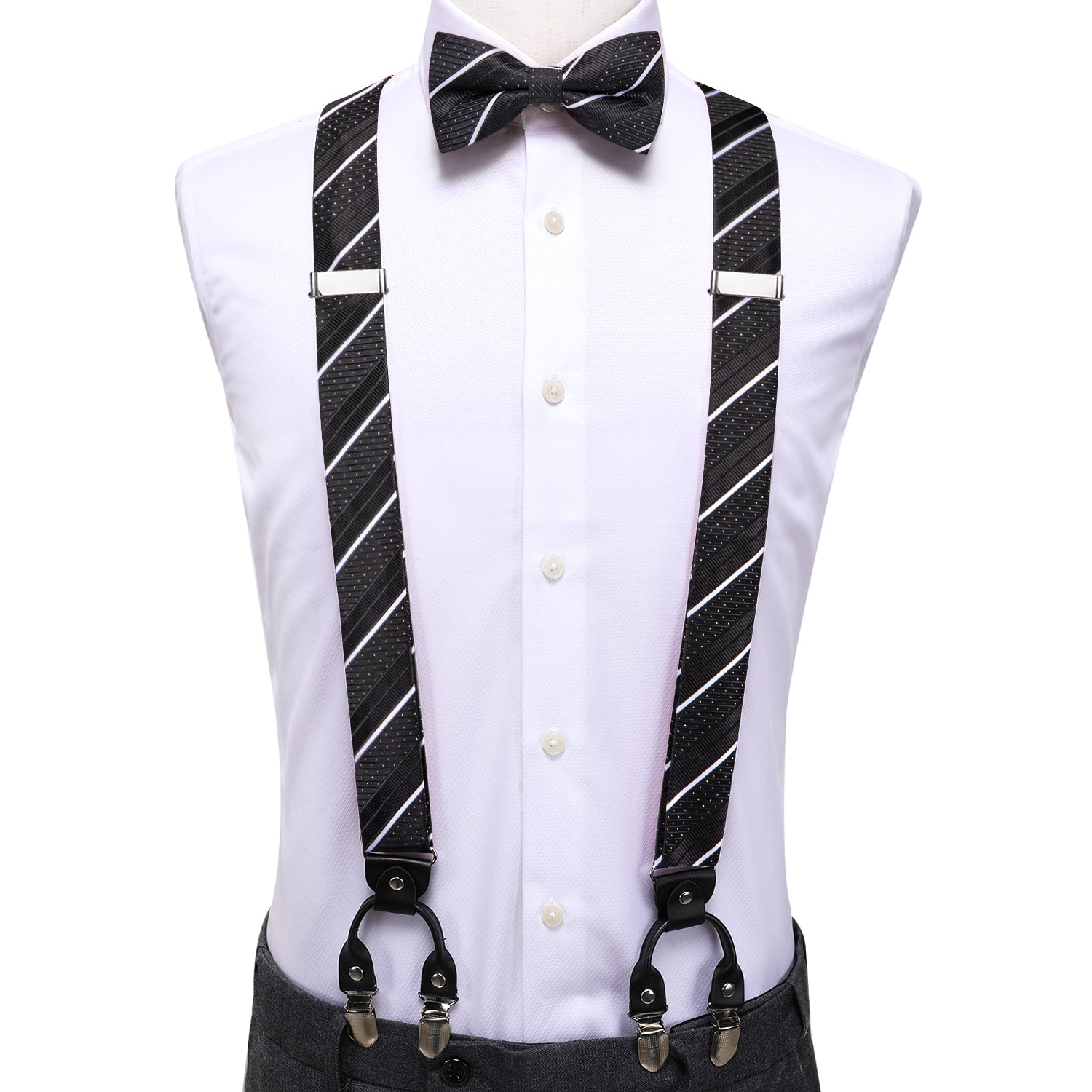 Black White Striped Suspender Bowtie Hanky Cufflinks Set