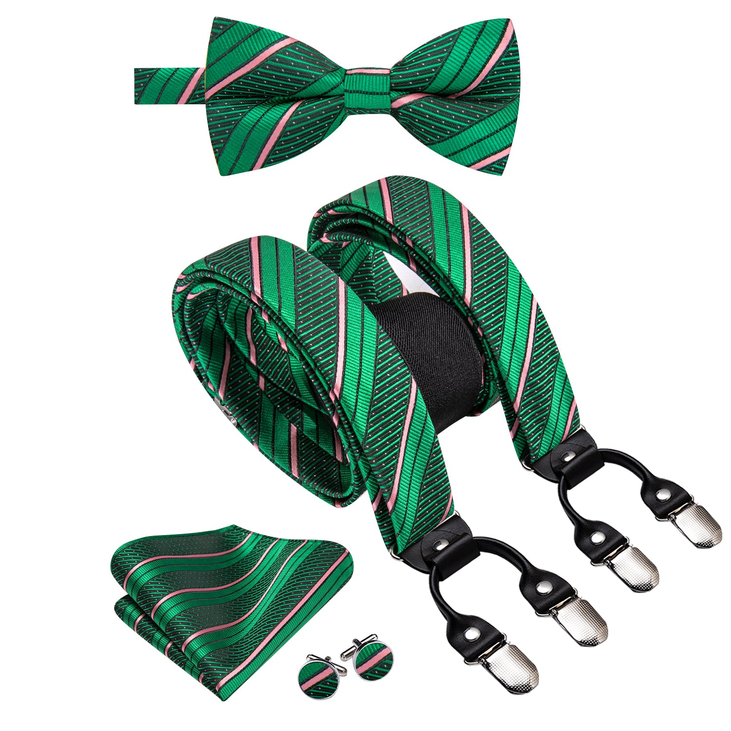 Green Pink Striped Suspender Bowtie Hanky Cufflinks Set