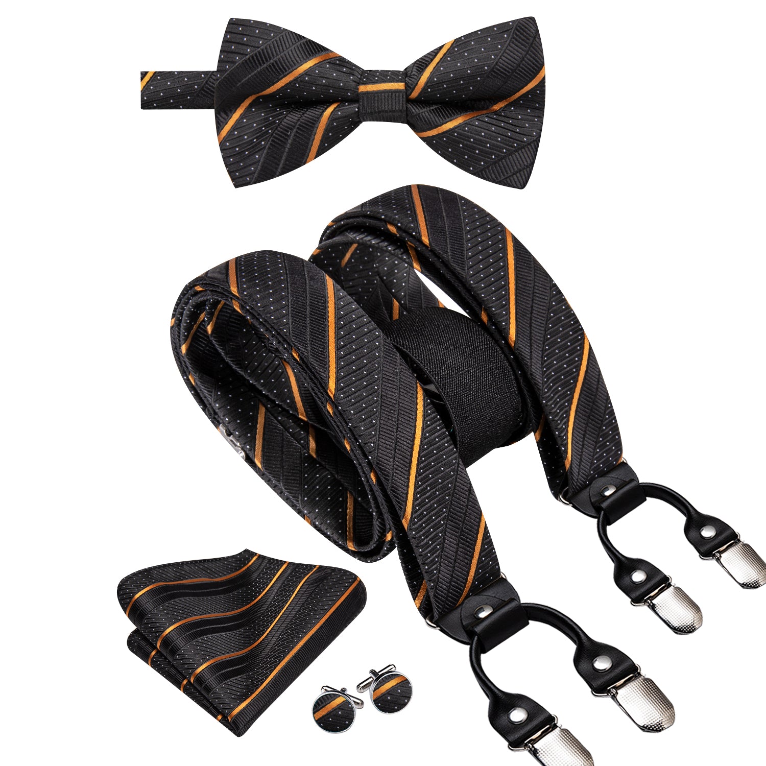 Black Yellow Striped Suspender Bowtie Hanky Cufflinks Set