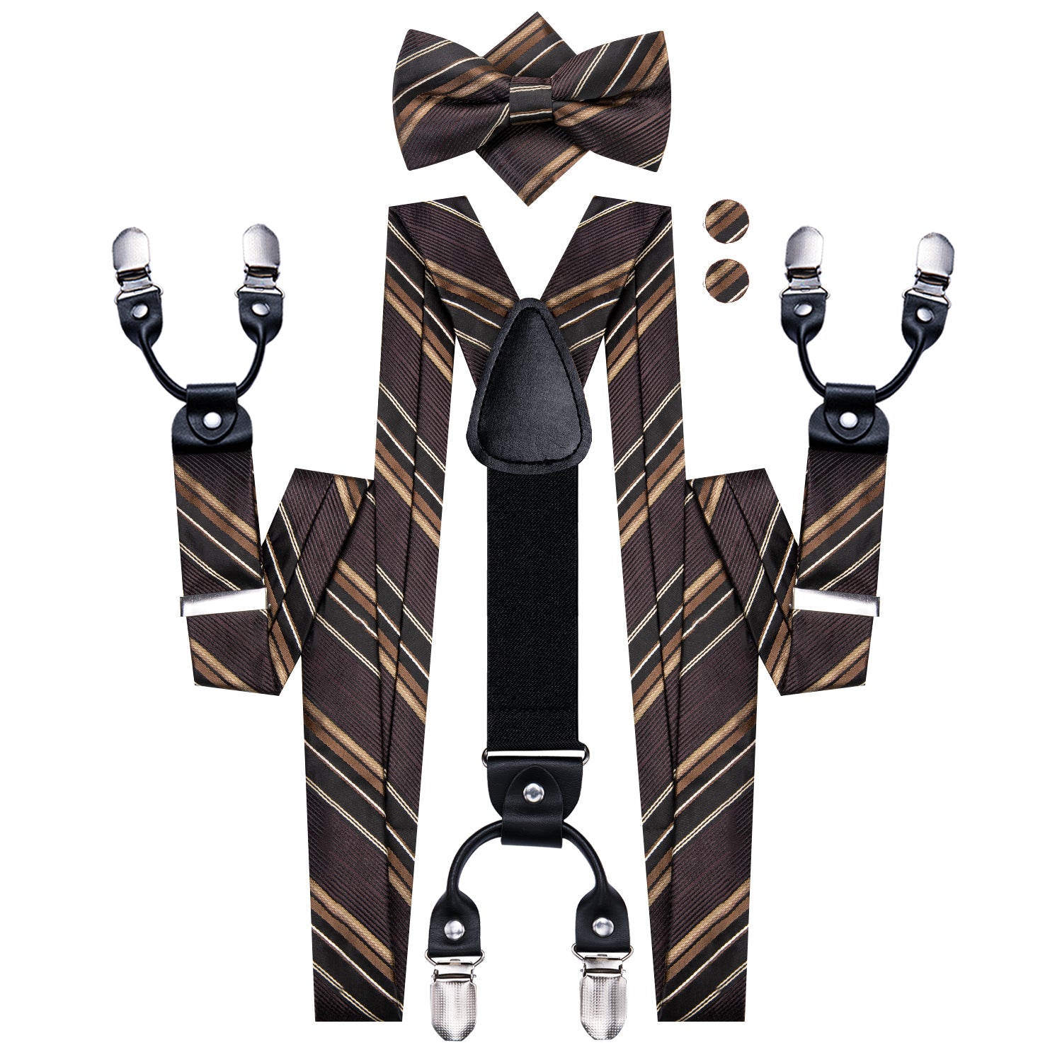 Brown Striped Suspender Bowtie Hanky Cufflinks Set