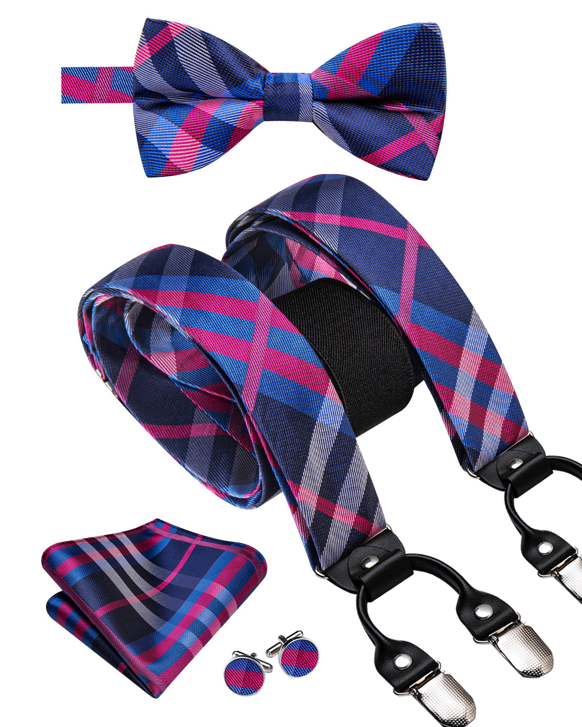 Blue Pink Plaid Suspender Bowtie Hanky Cufflinks Set