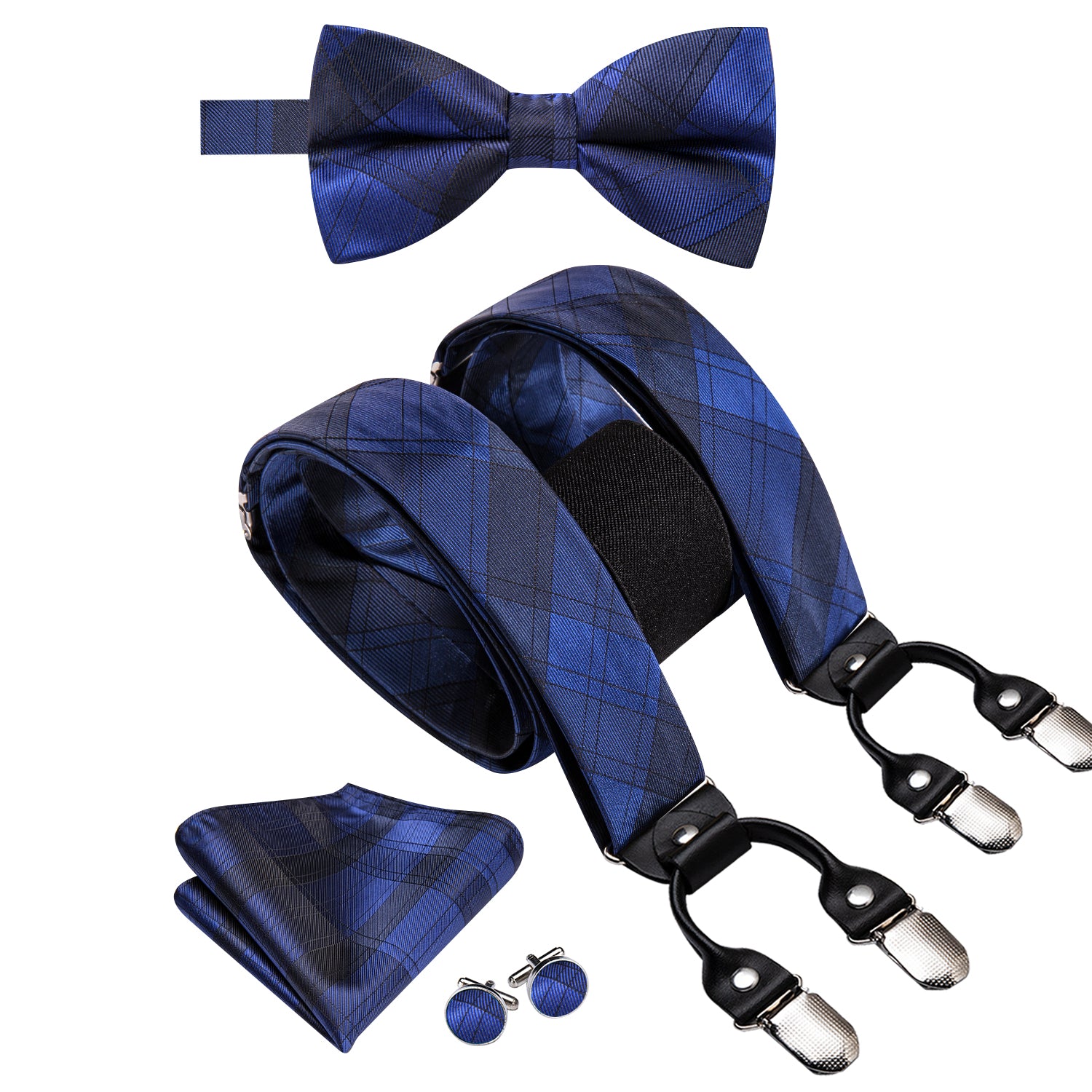 Blue Black Plaid Suspender Bowtie Hanky Cufflinks Set