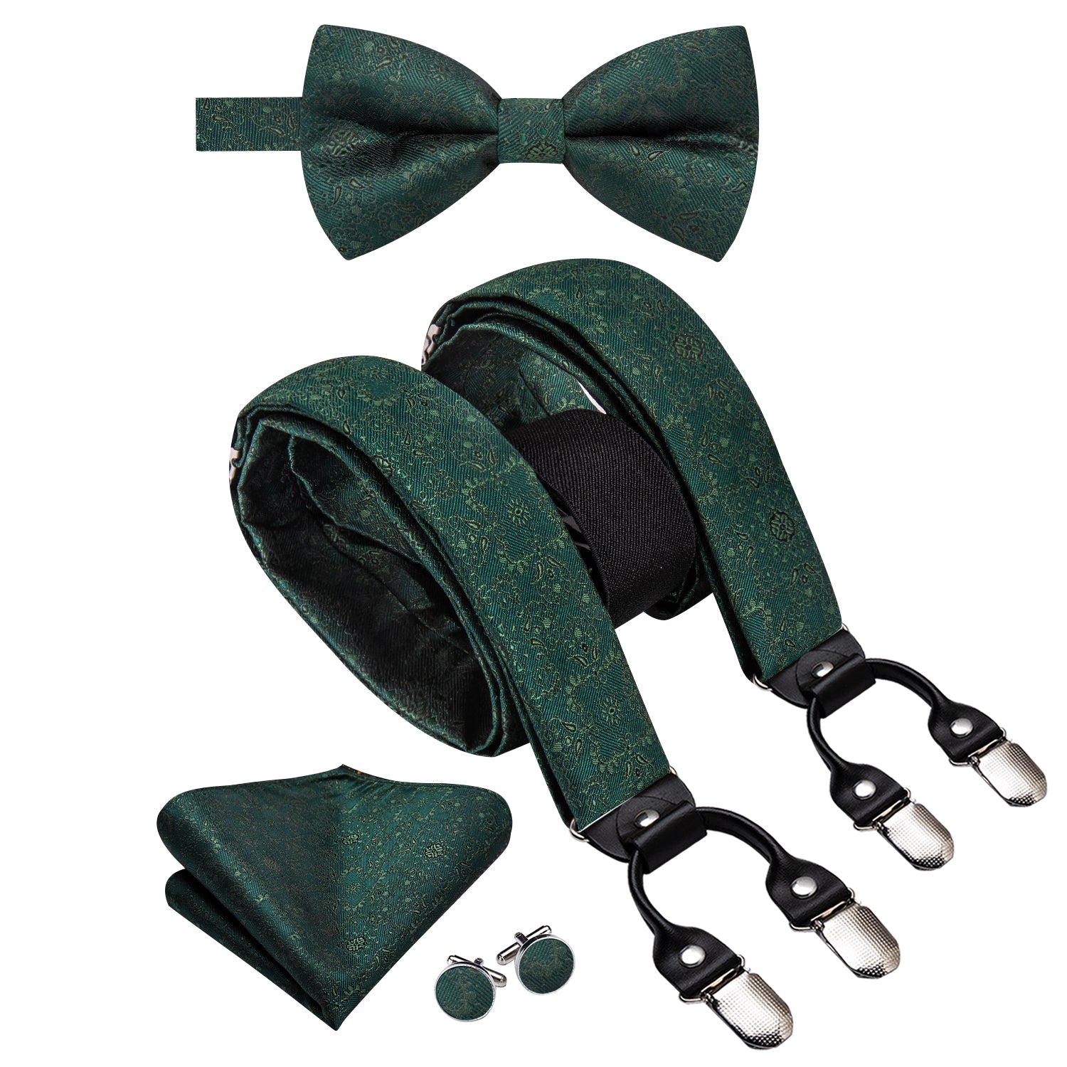 Deep Green Floral Suspender Bowtie Hanky Cufflinks Set