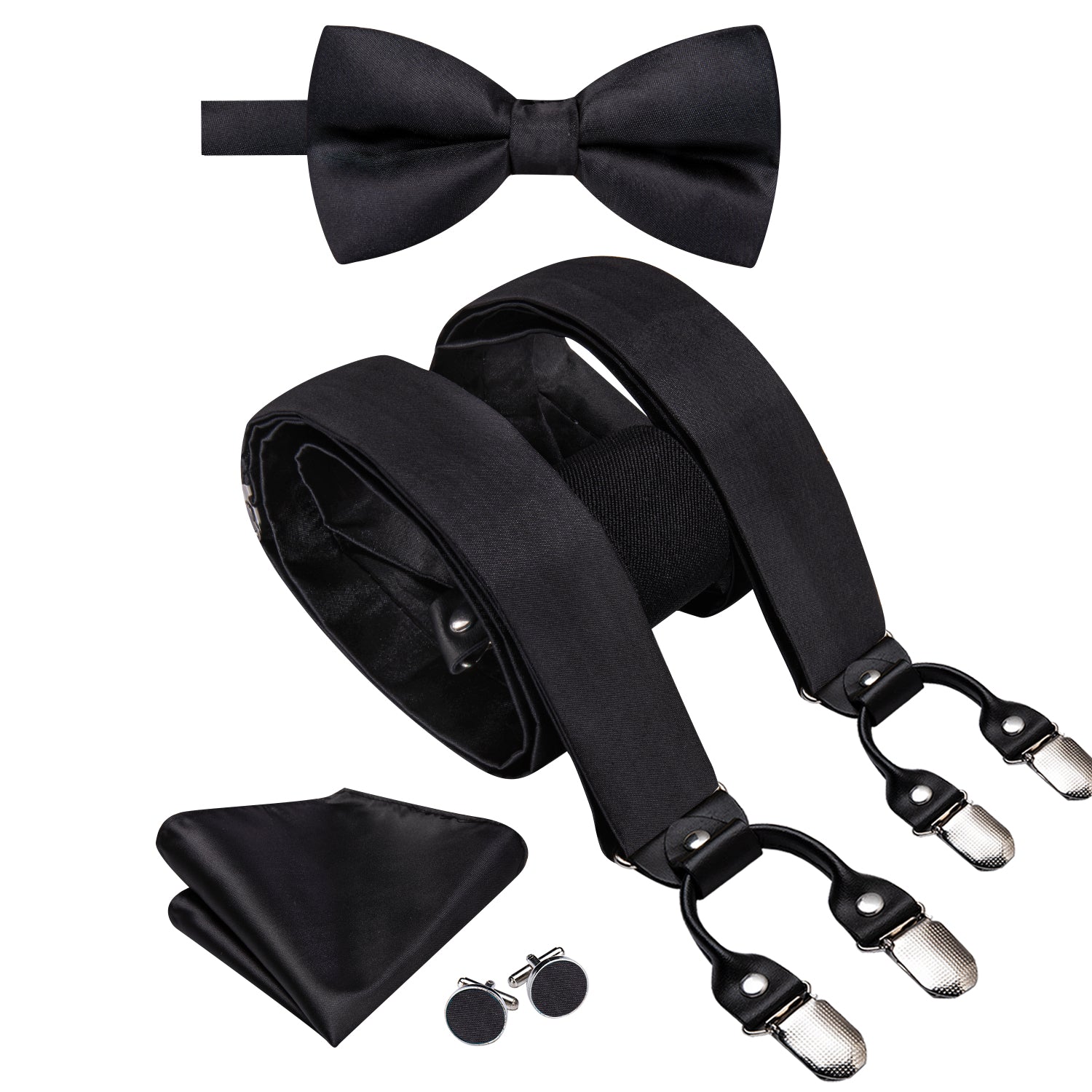 Black Solid Suspender Bowtie Hanky Cufflinks Set