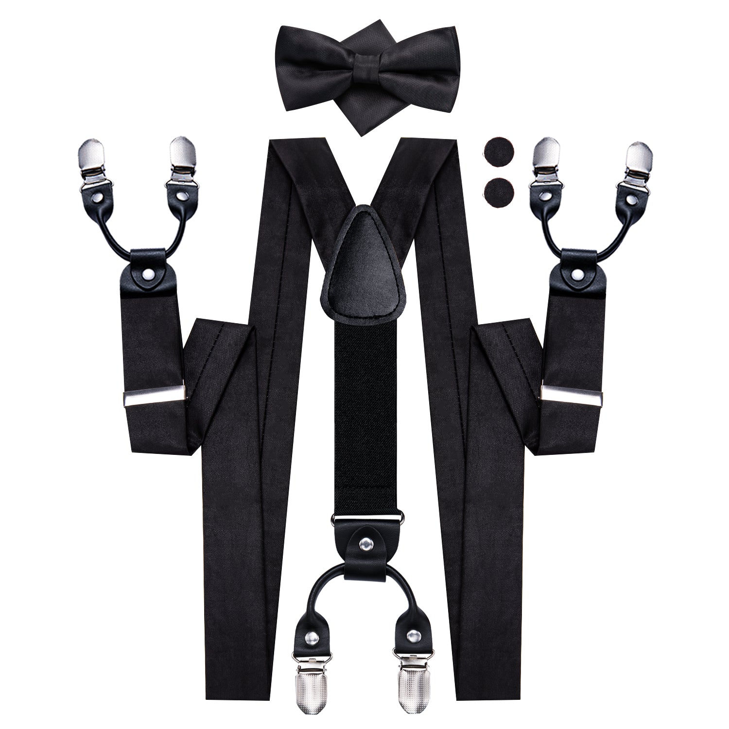 Black Solid Suspender Bowtie Hanky Cufflinks Set