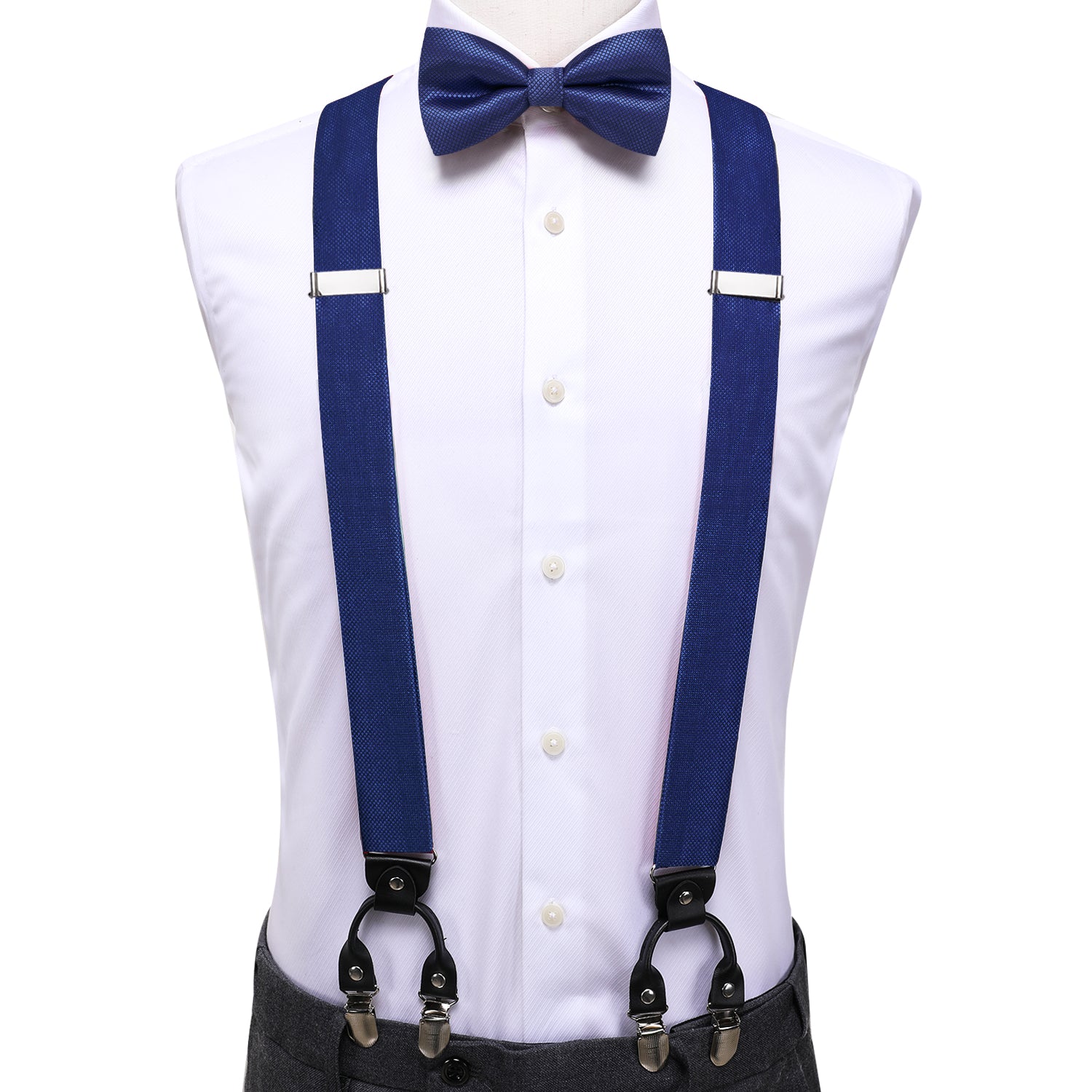 Dark Blue Plaid Suspender Bowtie Hanky Cufflinks Set