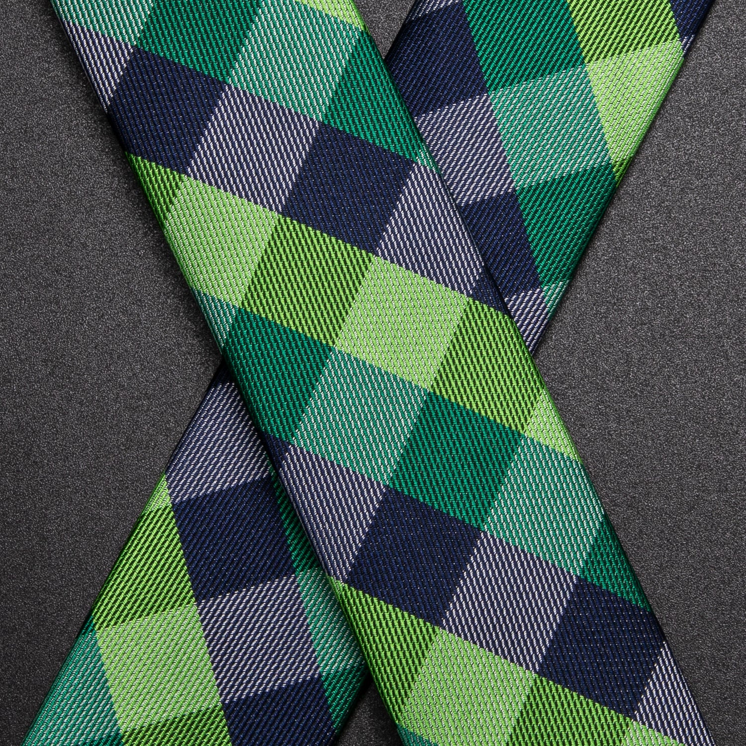 Mens Green Blue Plaid Silk Suspender Bowtie Hanky Cufflinks Set