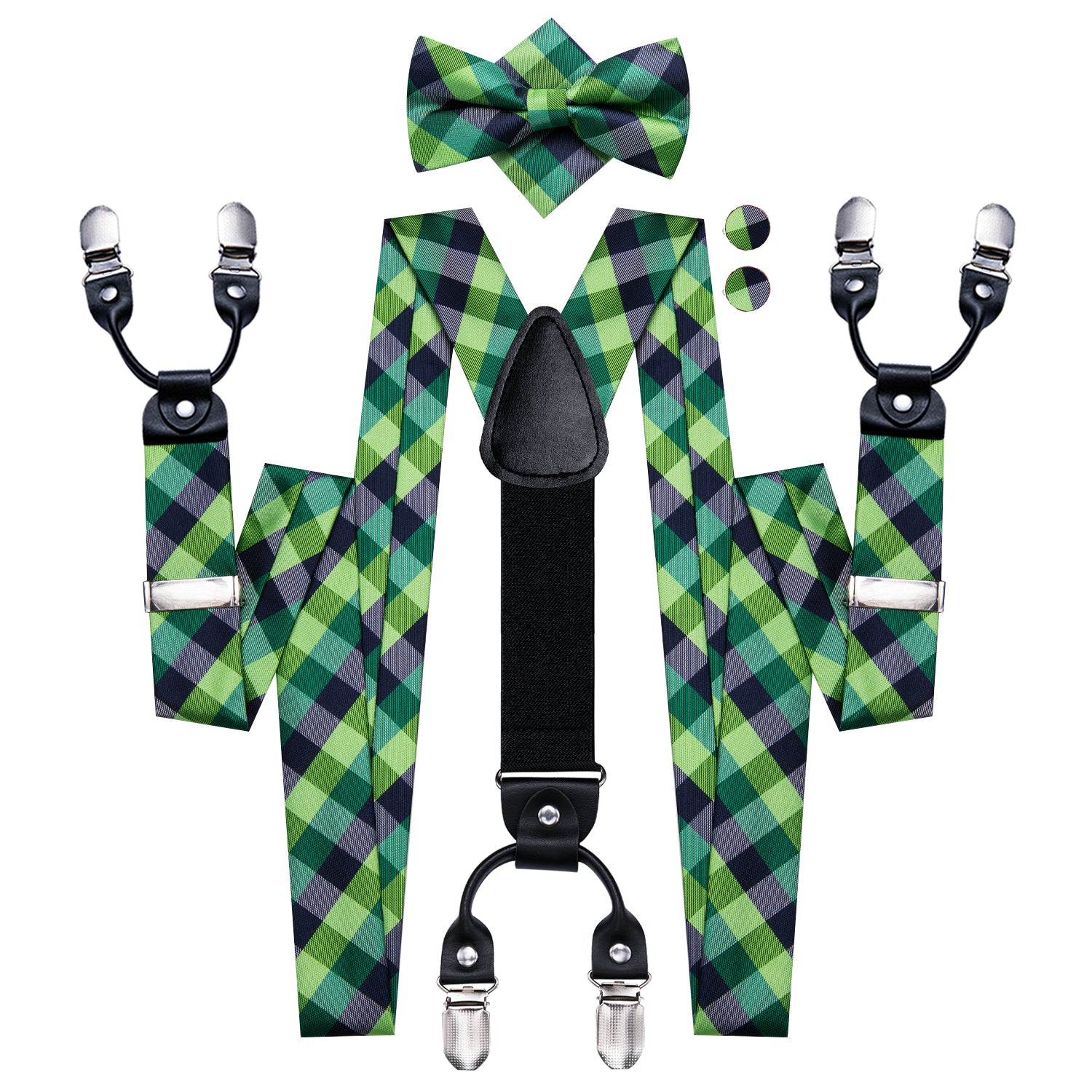 Green Blue Plaid Suspender Bowtie Hanky Cufflinks Set