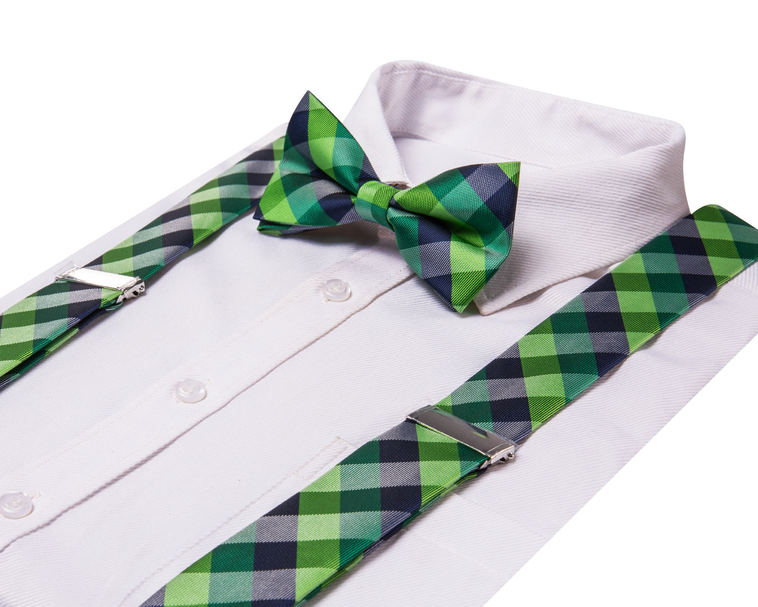 Mens Green Blue Plaid Silk Suspender Bowtie Hanky Cufflinks Set