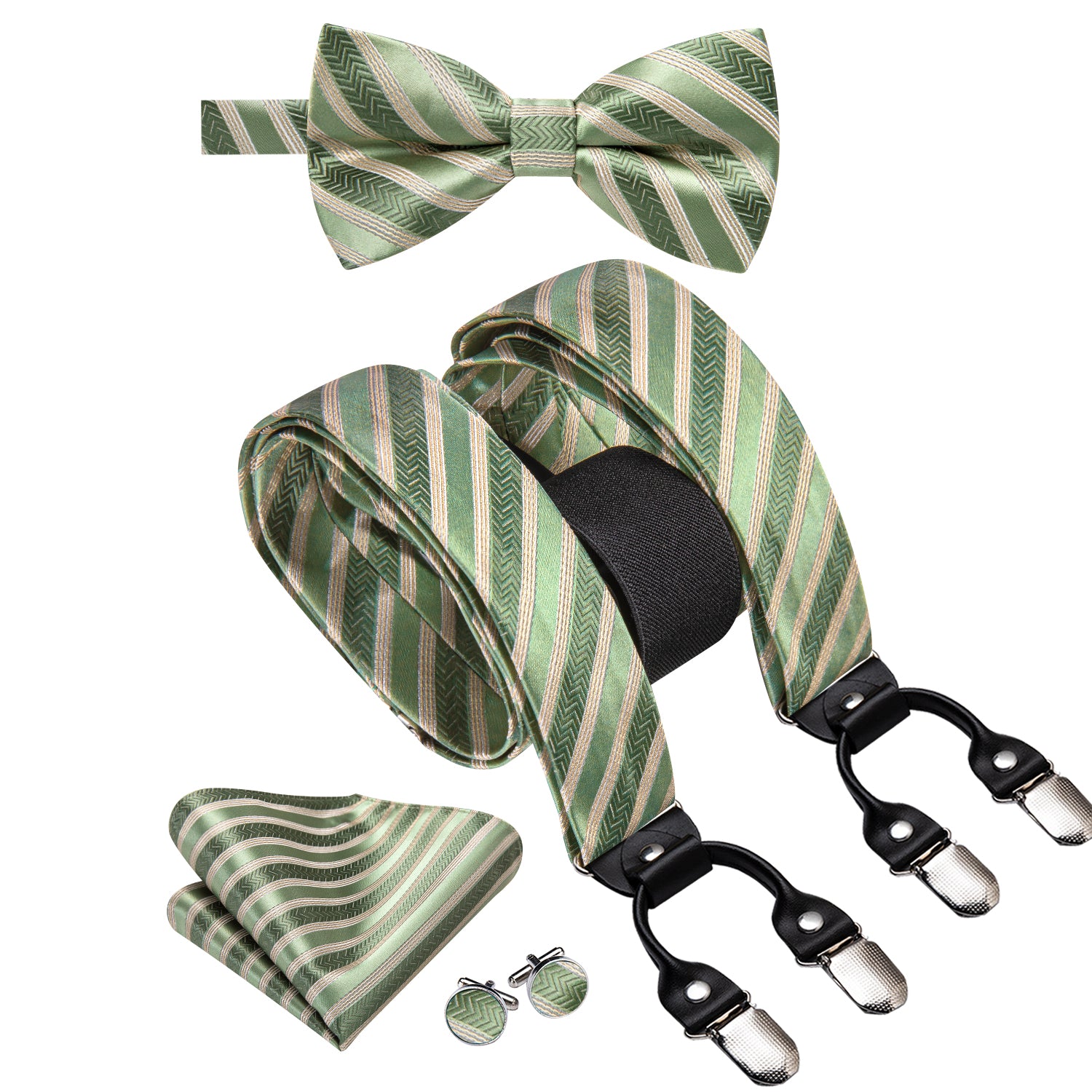Green Champagne Striped Suspender Bowtie Hanky Cufflinks Set