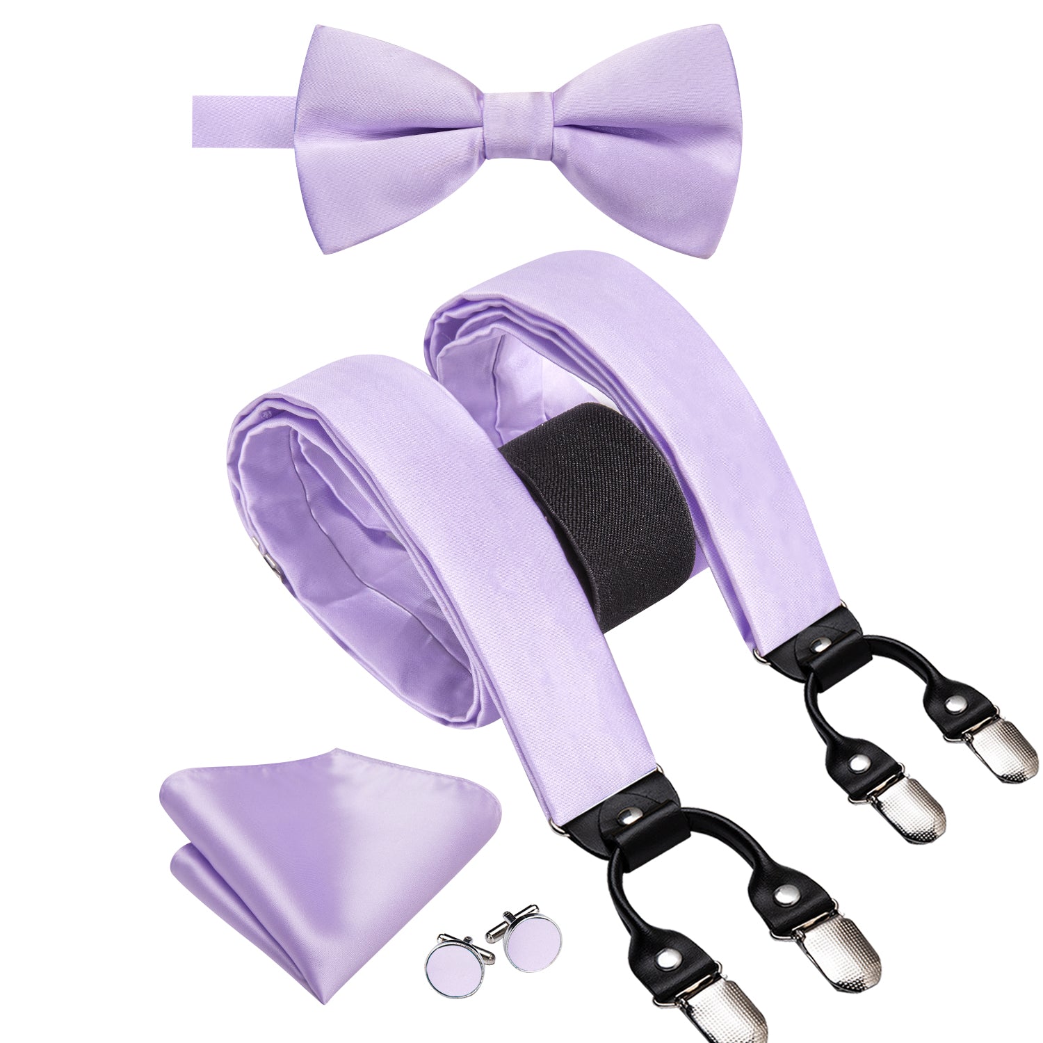 Lilac Purple Solid Suspender Bowtie Hanky Cufflinks Set