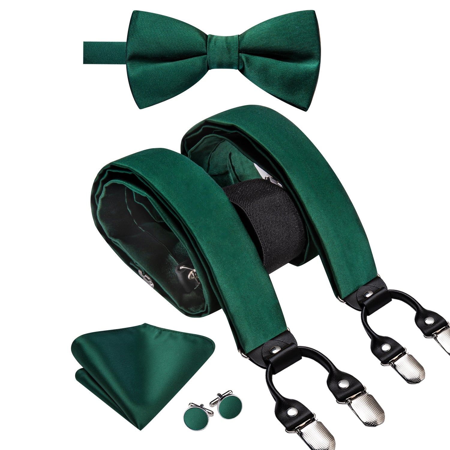 Emerald Green Solid Suspender Bowtie Hanky Cufflinks Set