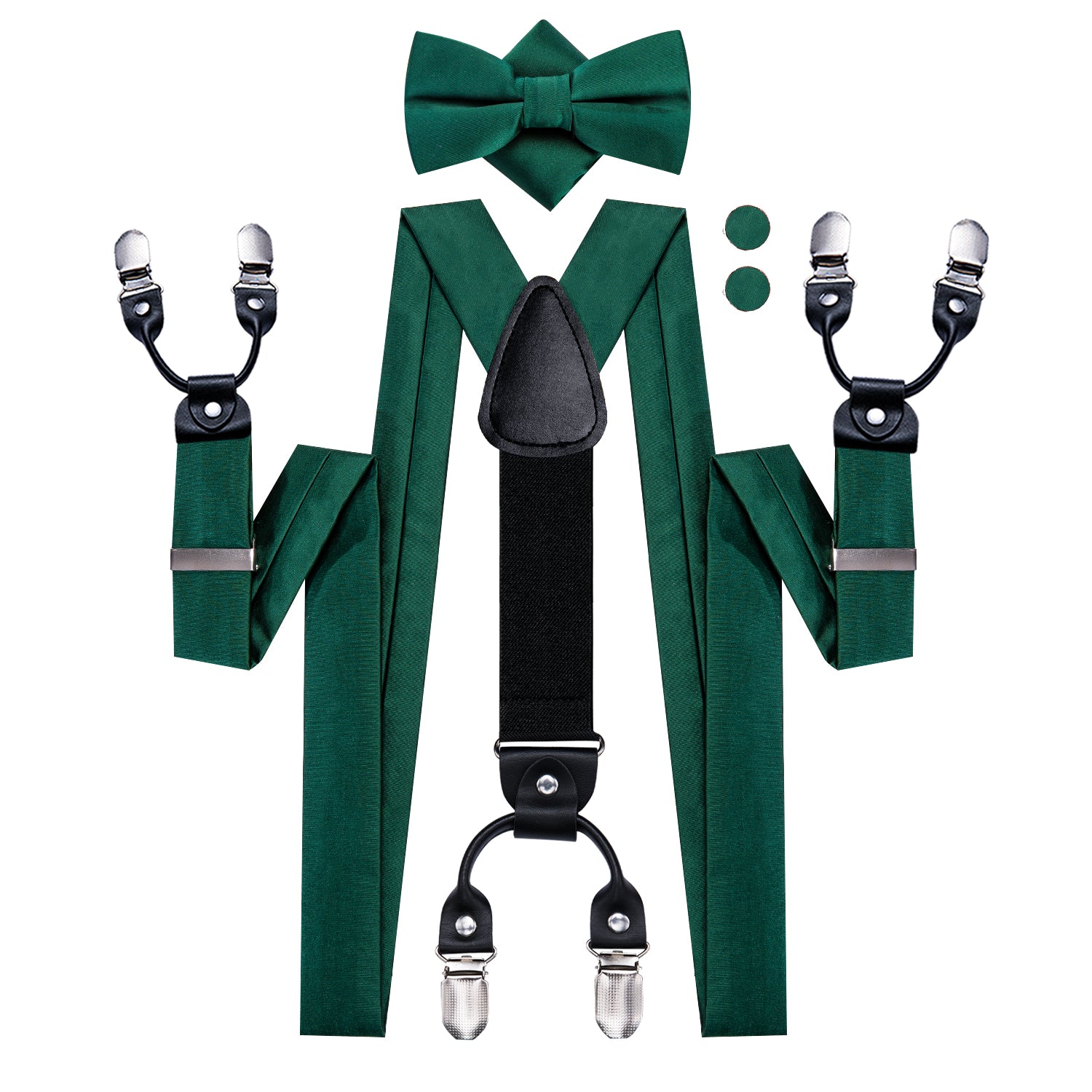 Emerald Green Solid Suspender Bowtie Hanky Cufflinks Set