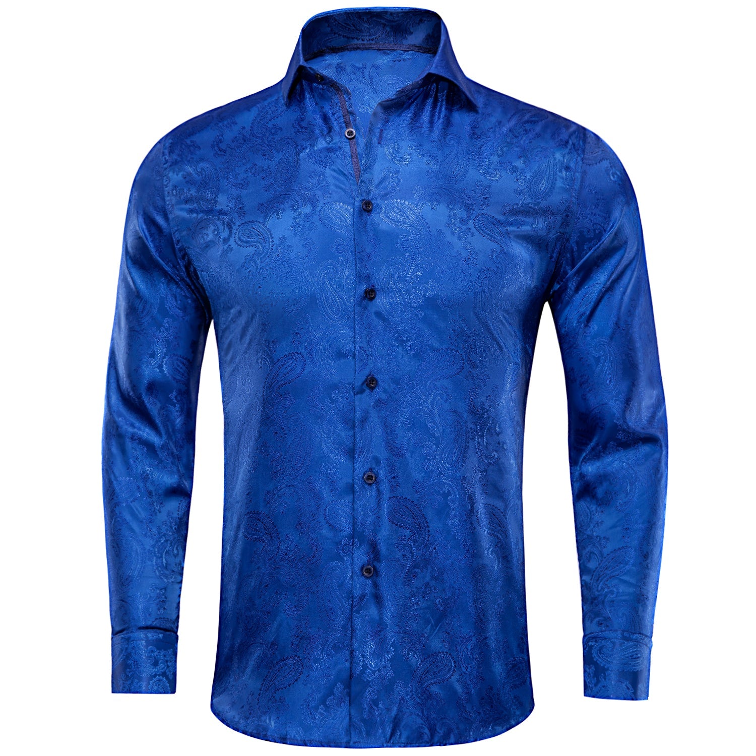 Navy Blue Paisley Silk Men's Long Sleeve Shirt