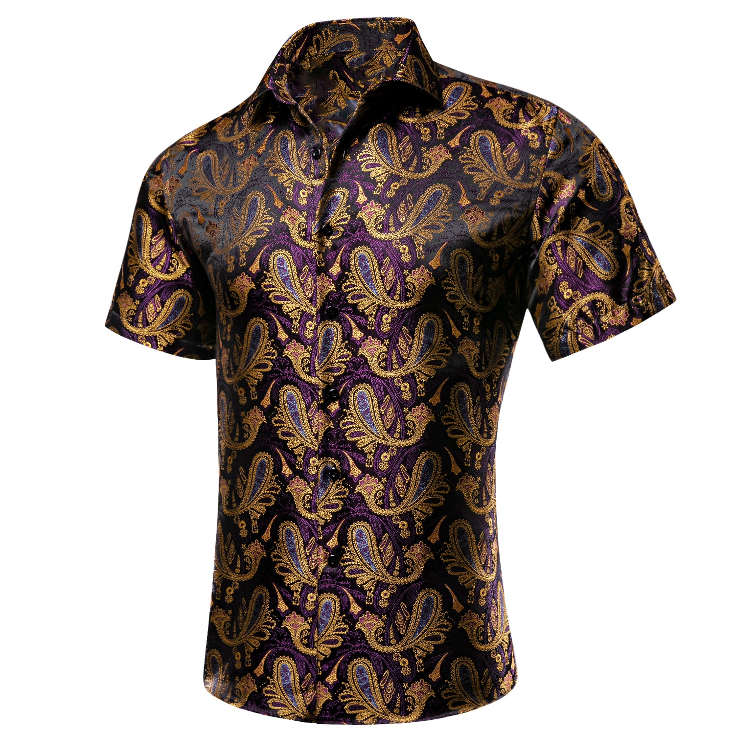 Golden Purple Paisley Silk Men's Short Sleeve Shirt