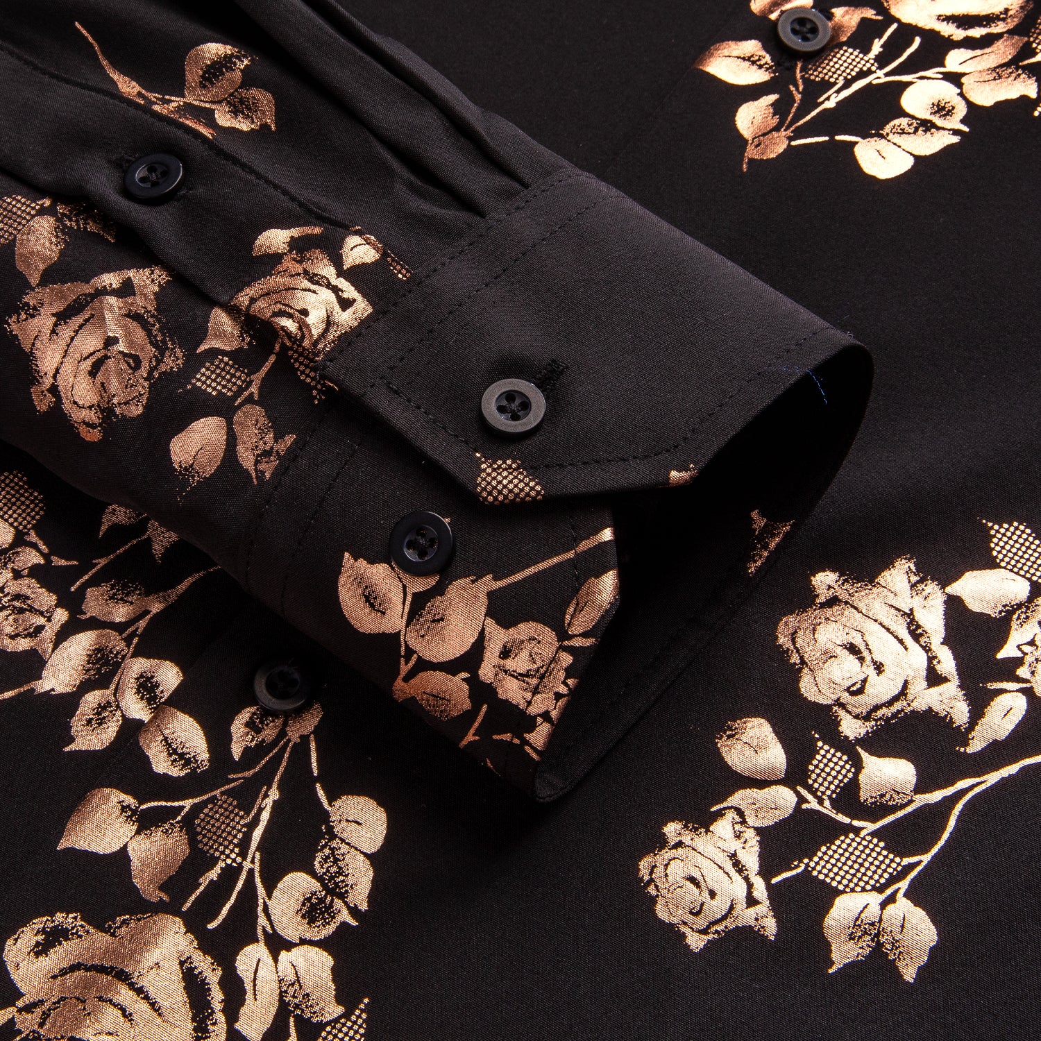 Black Rose Gold Floral Silk Men's Long Sleeve Shirt