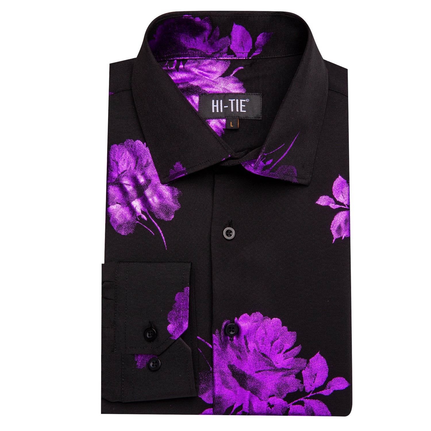 Black Purple Floral Silk Men's Long Sleeve Shirt