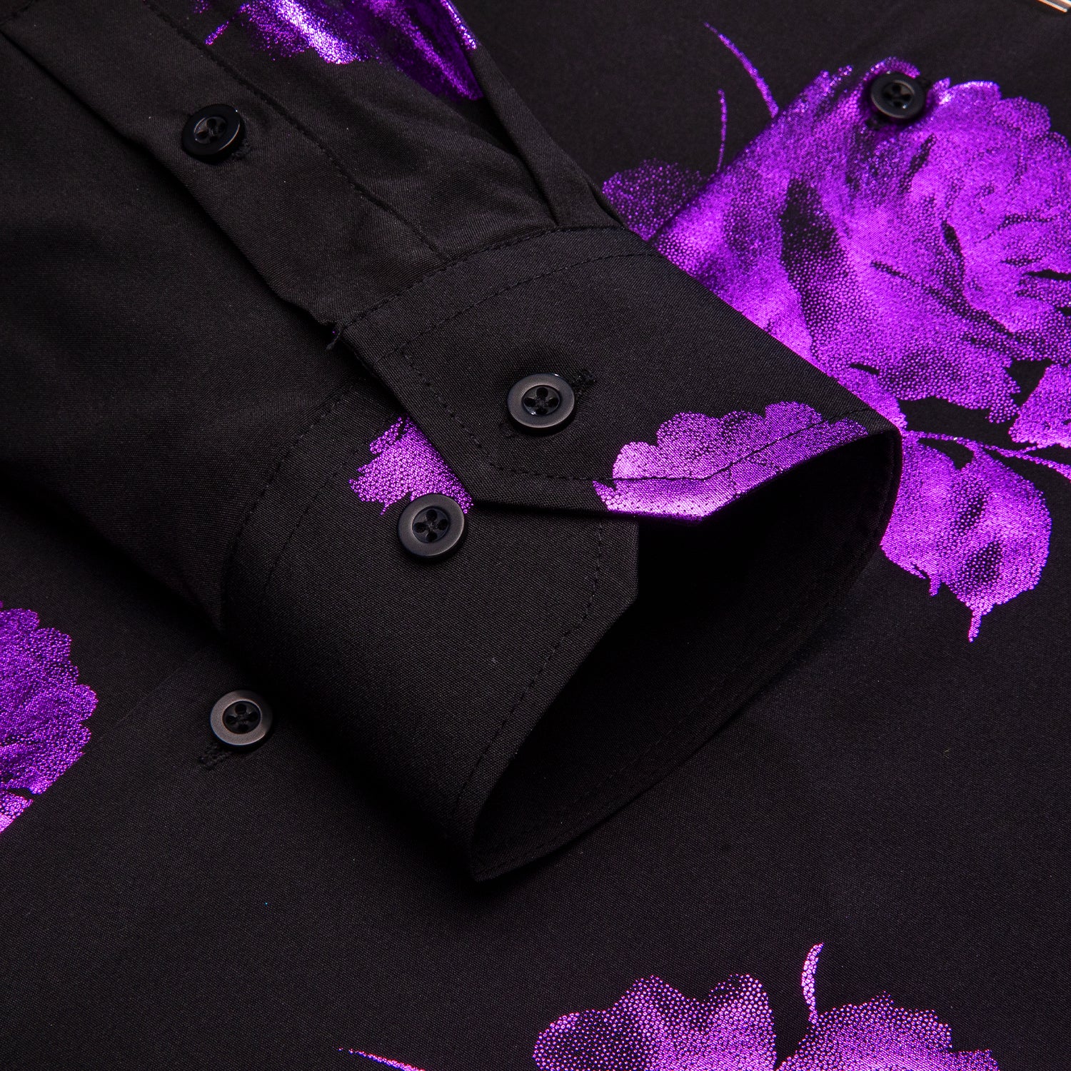Black Dinner Shirt Purple Floral Silk Men's Long Sleeve Shirts