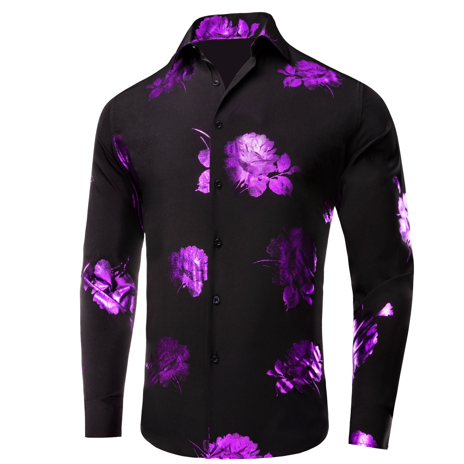 Black Dinner Shirt Purple Floral Silk Men's Long Sleeve Shirts