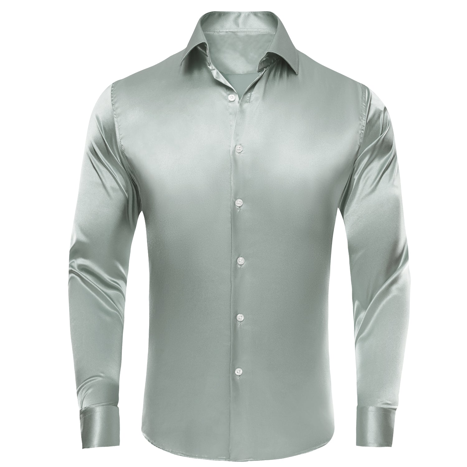 Grey Solid Satin Silk Men's Long Sleeve Dress Shirt