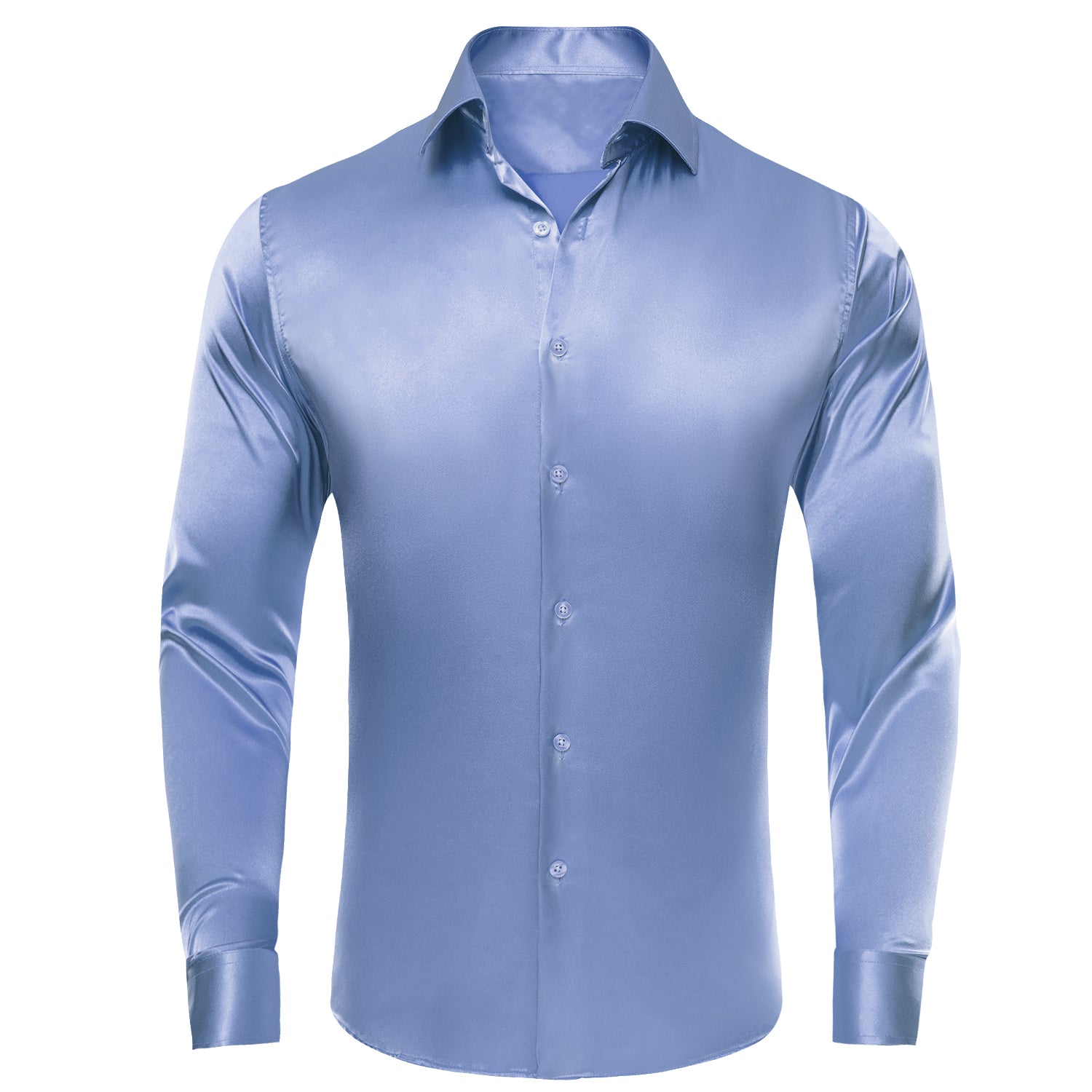 Blue Solid Satin Silk Men's Long Sleeve Dress Shirt