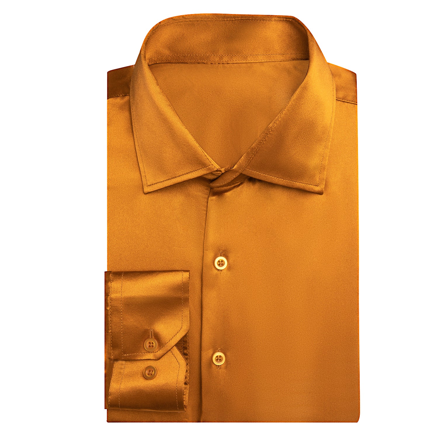 Golden Yellow Solid Satin Silk Men's Long Sleeve Dress Shirt