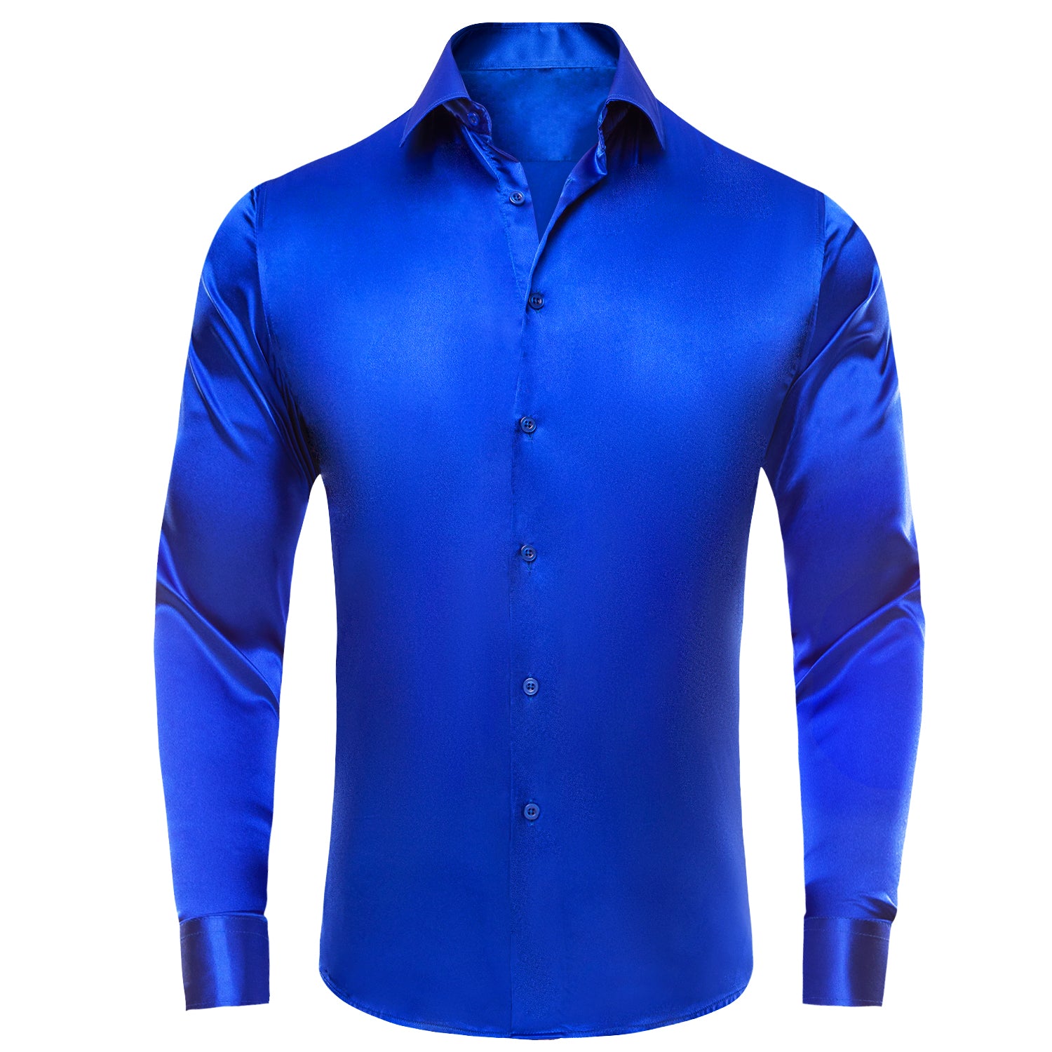 Klein Blue Solid Satin Silk Men's Long Sleeve Dress Shirt