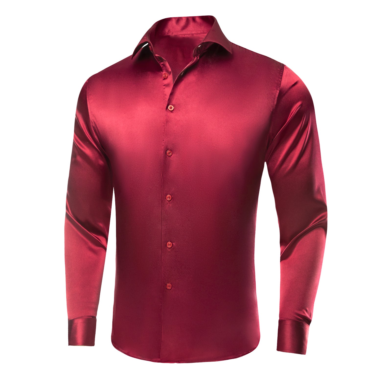 Burgundy Red Solid Satin Silk Men's Long Sleeve Dress Shirt