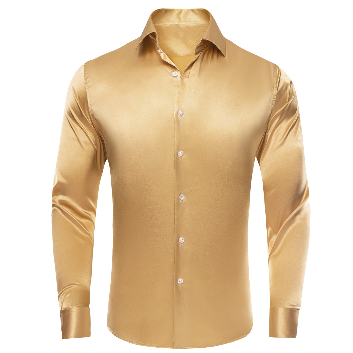 Gold Solid Satin Silk Men's Long Sleeve Dress Shirt