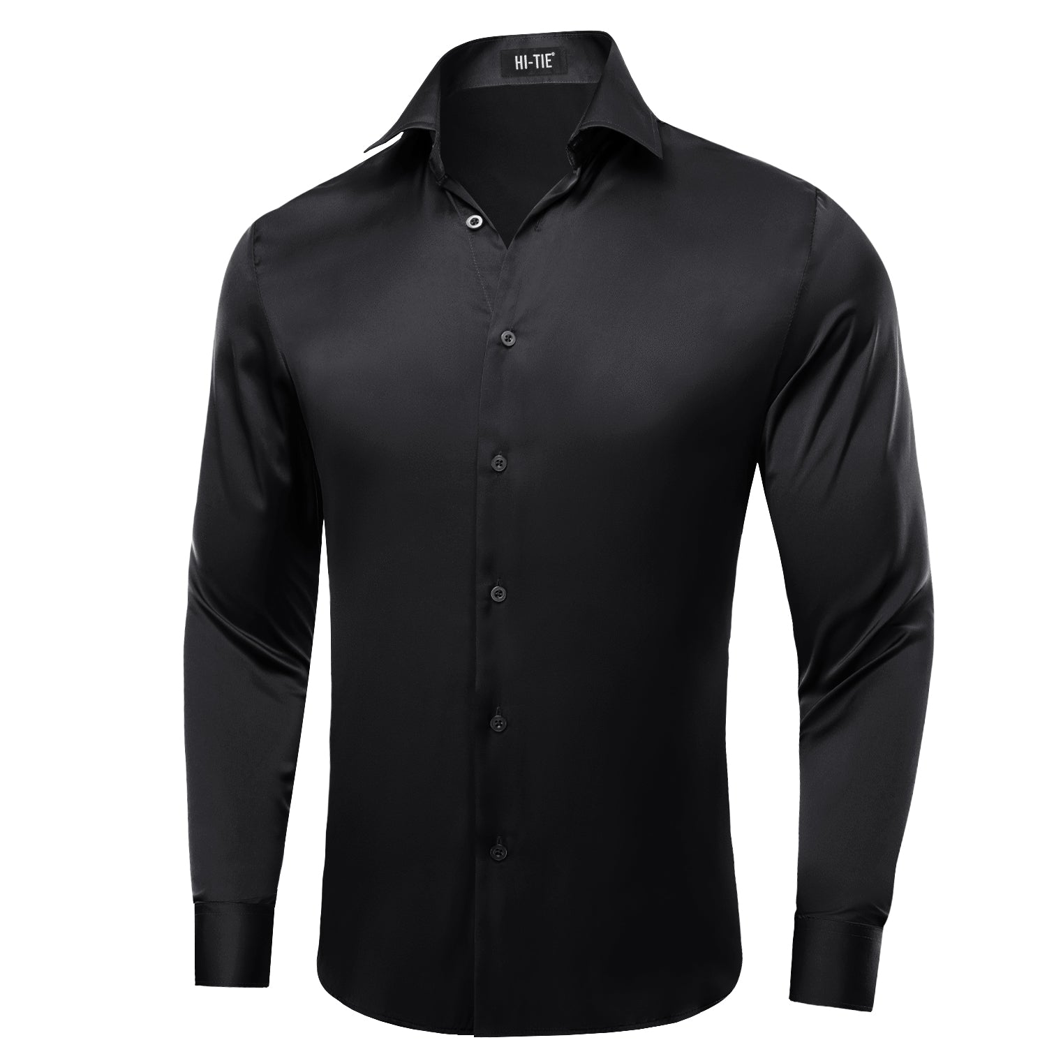 Black Solid Satin Chiffon Non-stretch Men's Long Sleeve Shirt