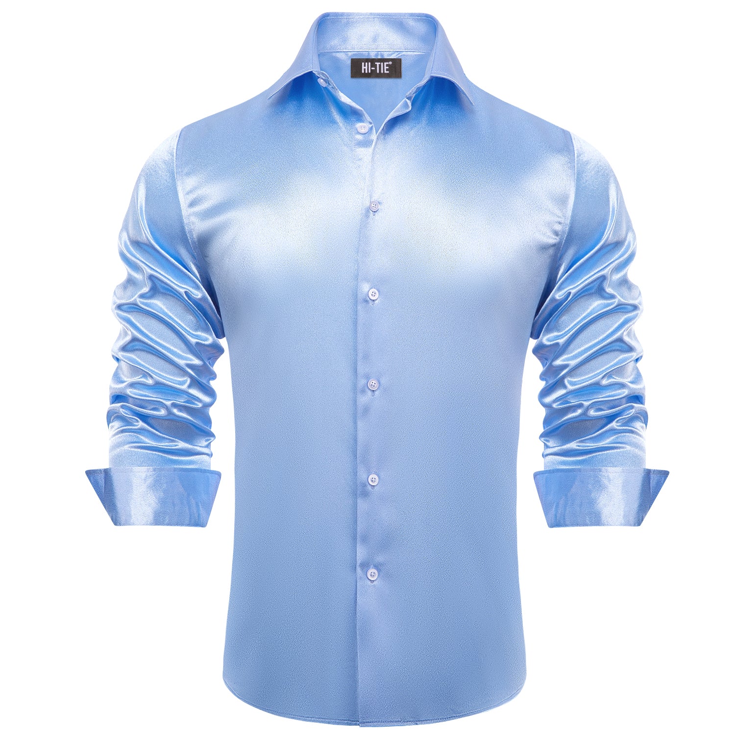Sky Blue Solid Satin Silk Men Long Sleeve Dress Shirt
