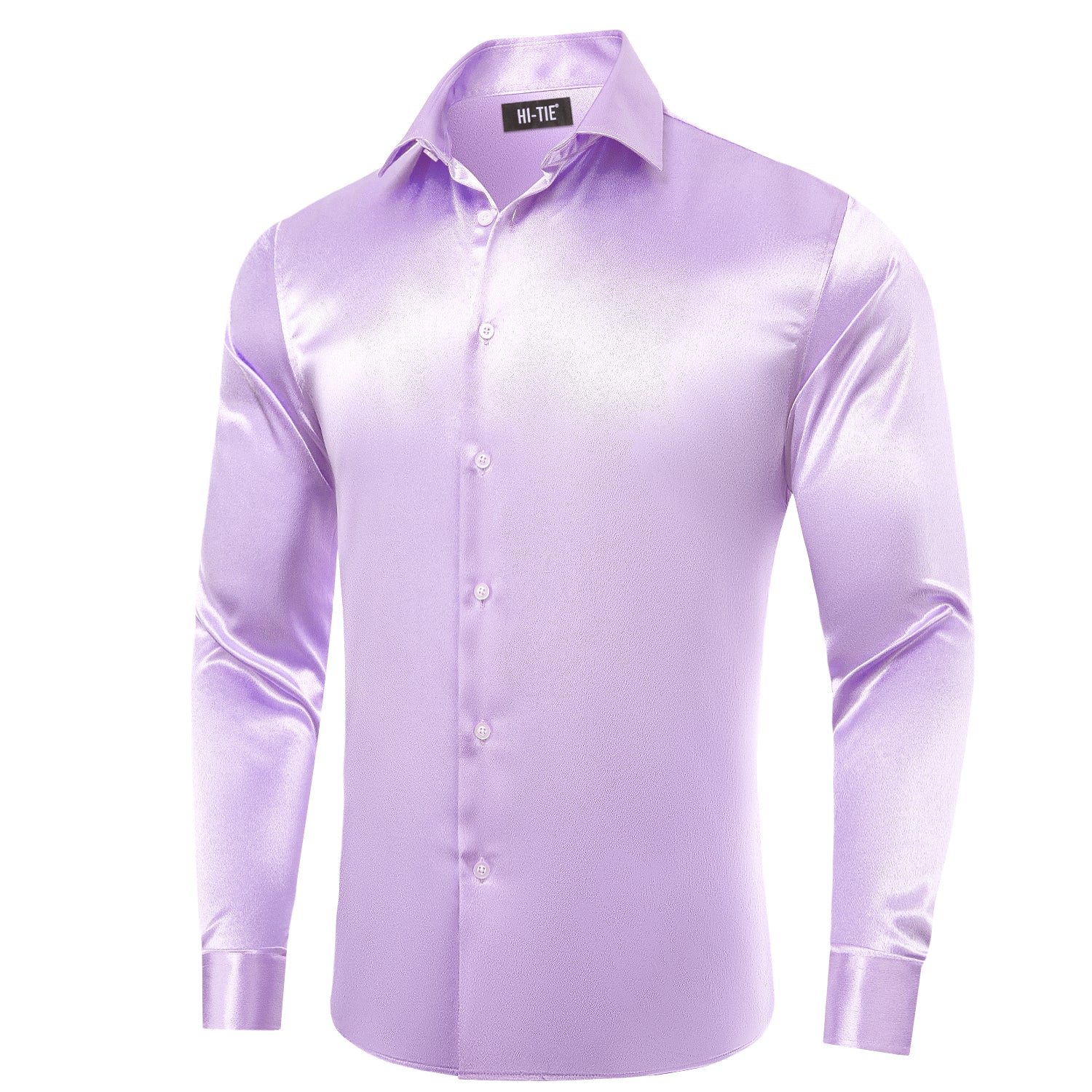 Lilac Purple Solid Satin Silk Men Long Sleeve Dress Shirt