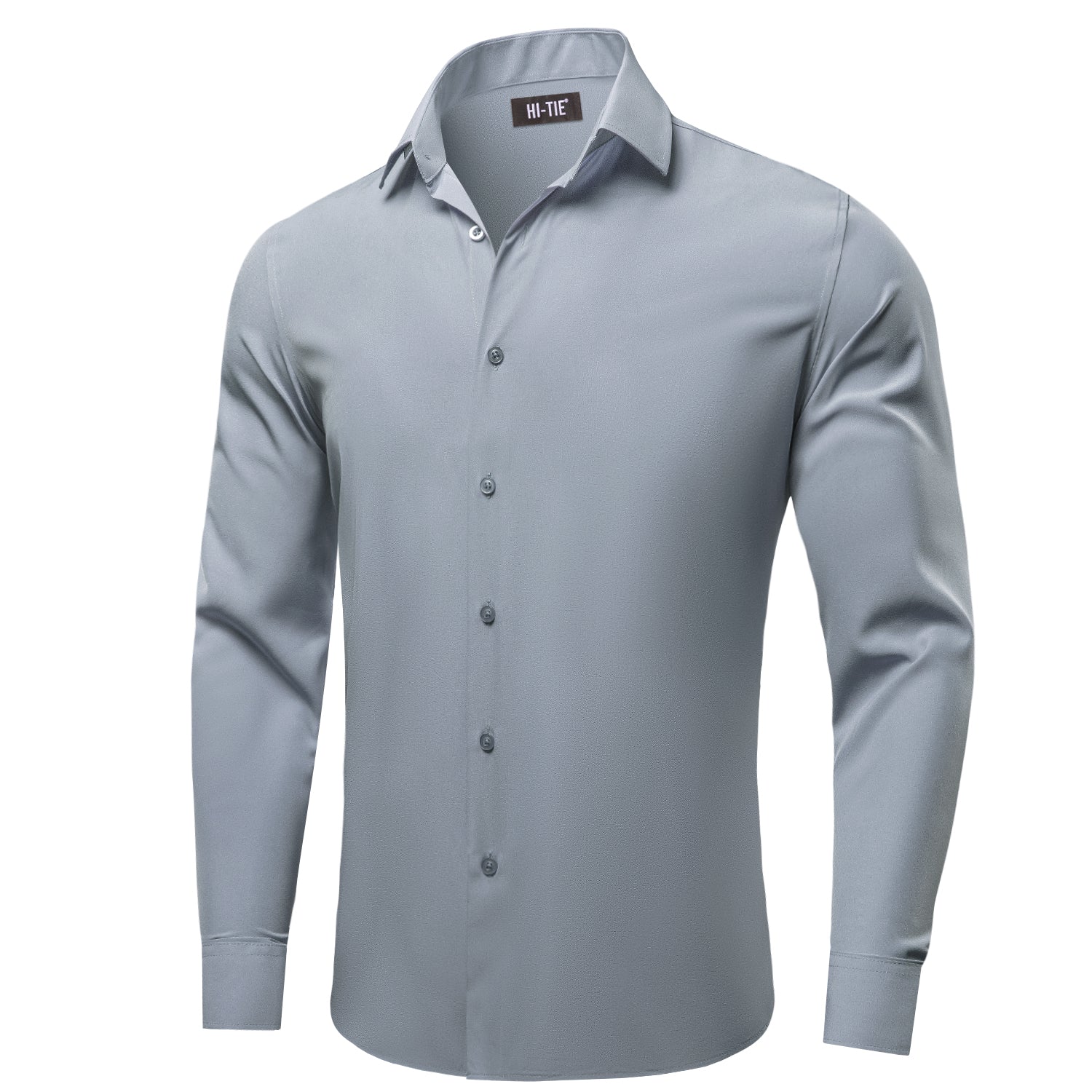 Deep Grey Solid Satin Silk Men Long Sleeve Dress Shirt