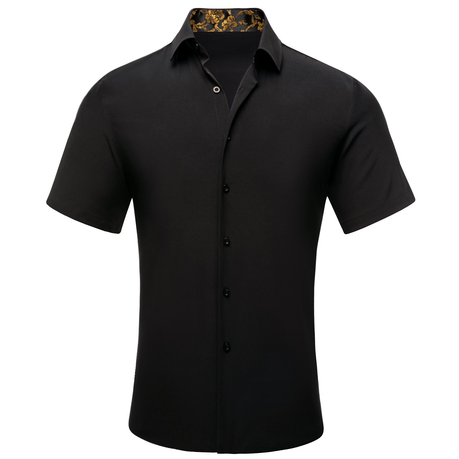 Black Solid with Gold Floral Collar Silk Men's Short Sleeve Shirt