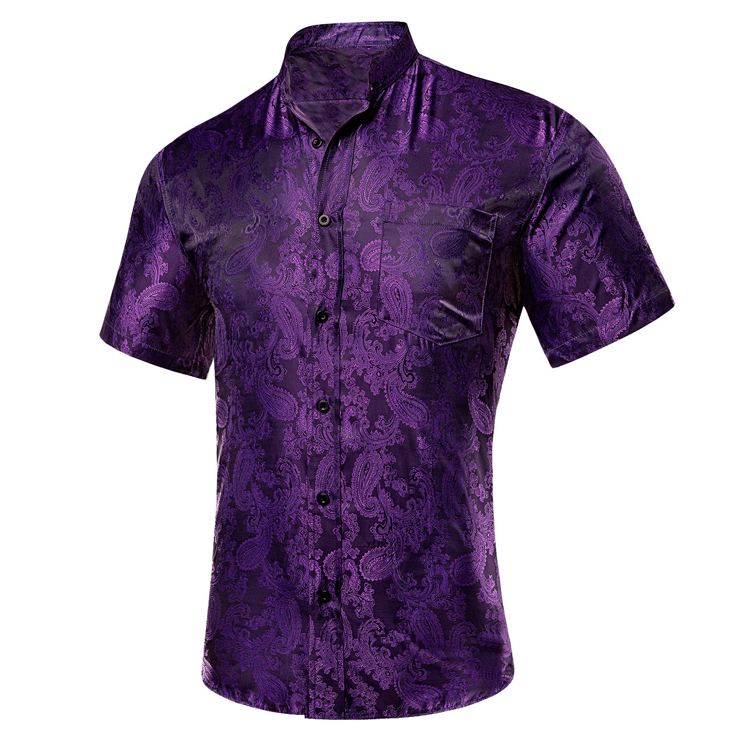 HITIE Deep Purple Paisley Silk Men's Short Sleeve Shirt